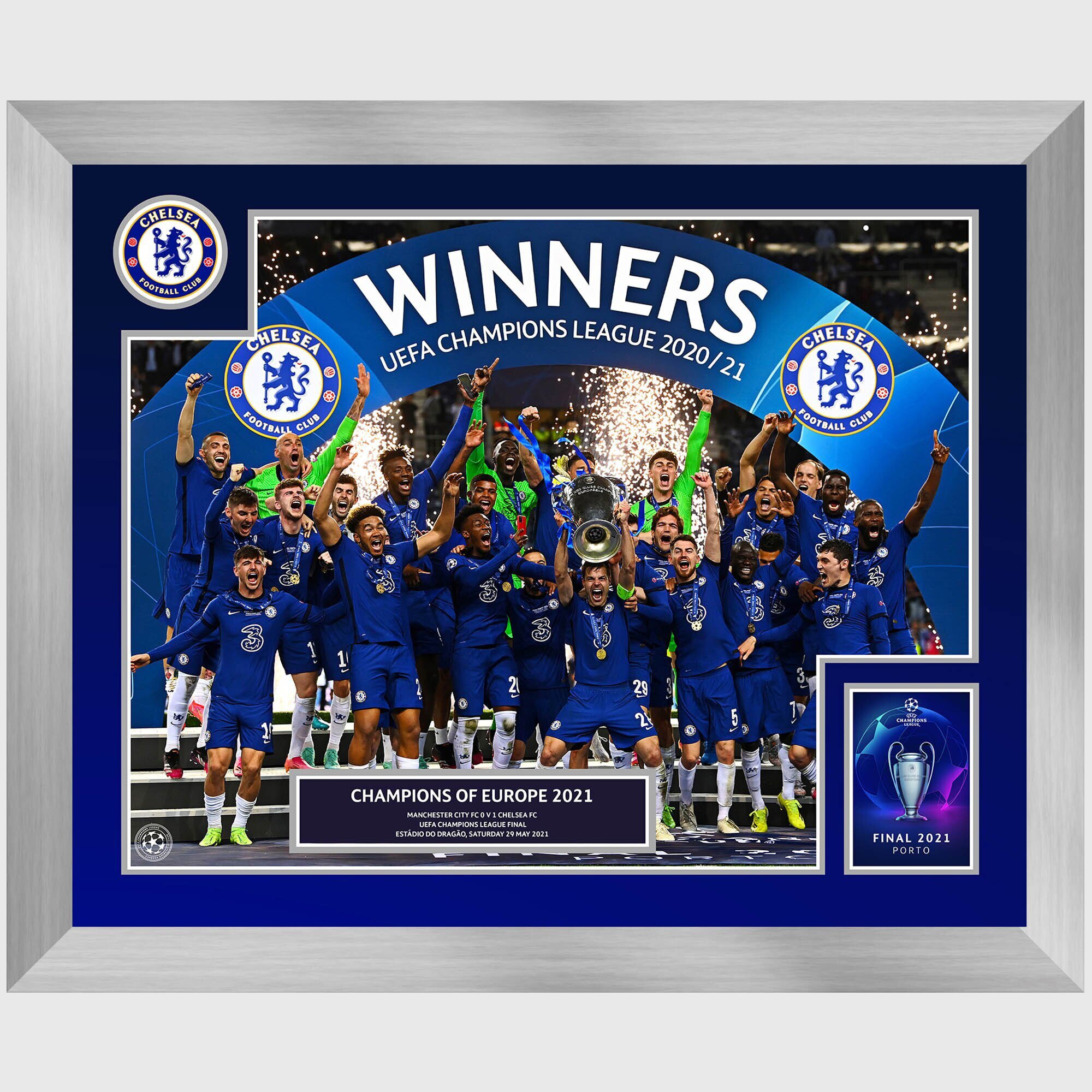 Stampa incorniciata per la celebrazione dei campioni del Chelsea UCL 2021 - 20 x 16 pollici