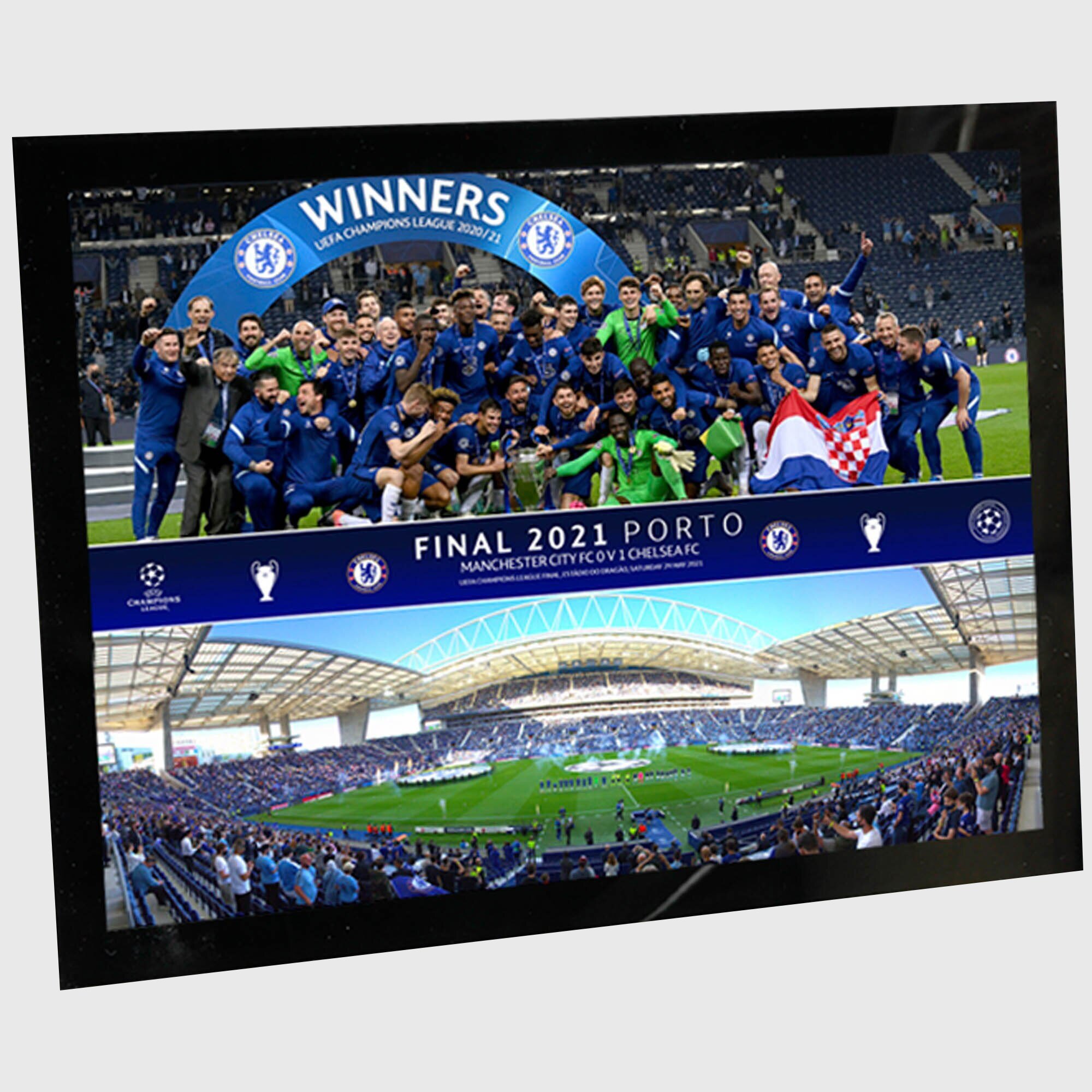Chelsea UCL 2021 Champions Celebration Montage Glass Frame - 8 x 6 pollici