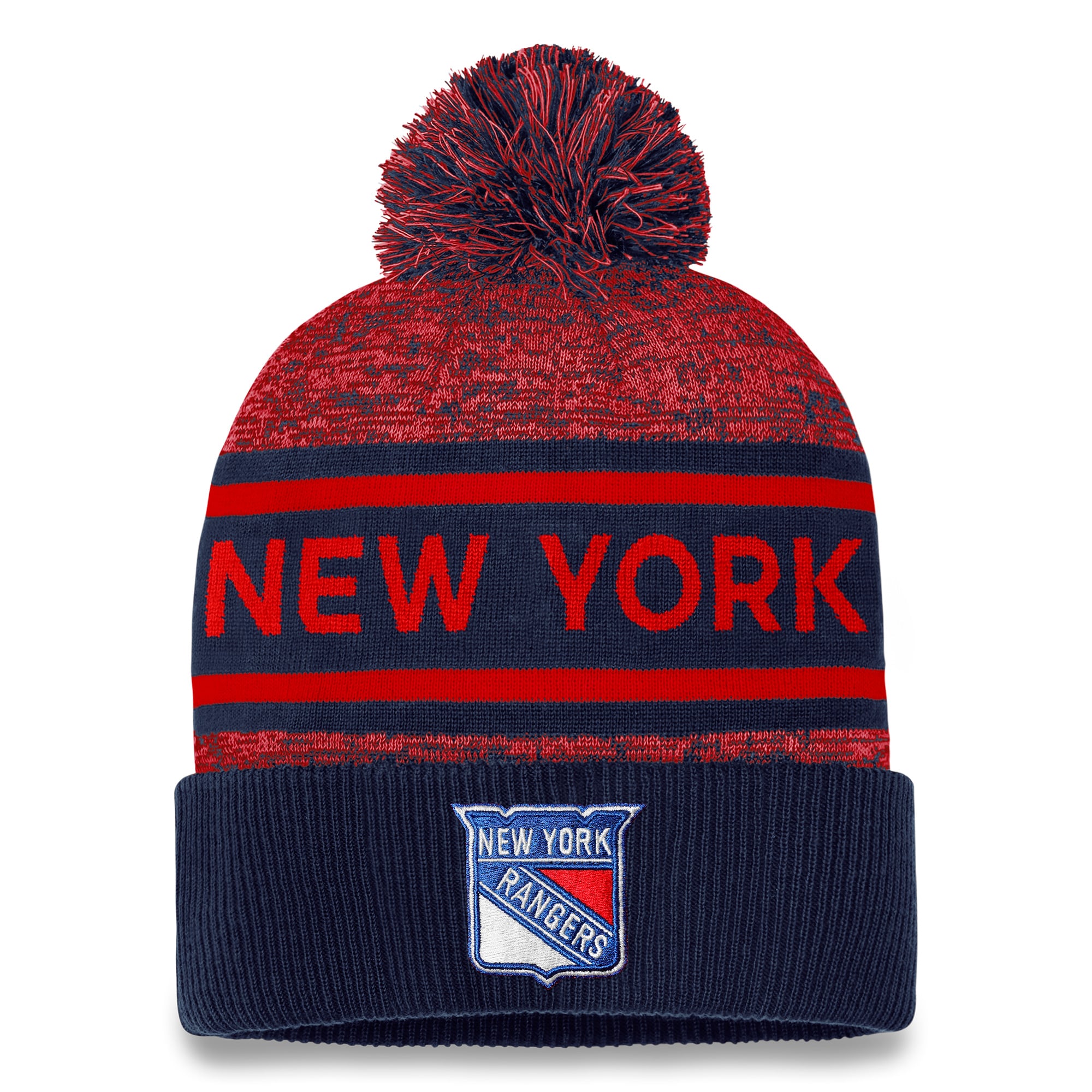 Men's Fanatics Navy/Red New York Rangers Authentic Pro Cuffed Knit Hat with Pom