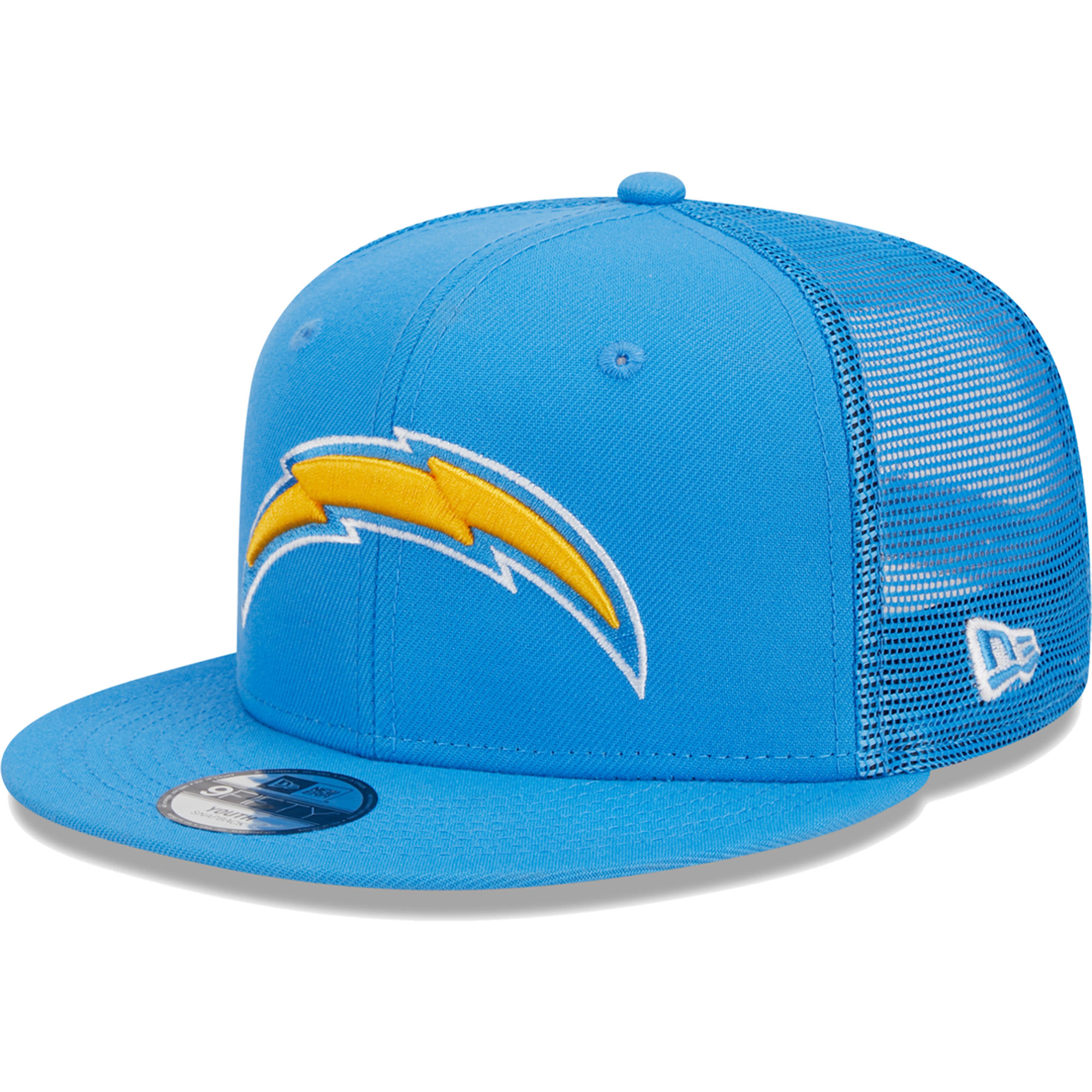 Youth New Era Powder Blue Los Angeles Chargers Main Trucker 9FIFTY Snapback Hat
