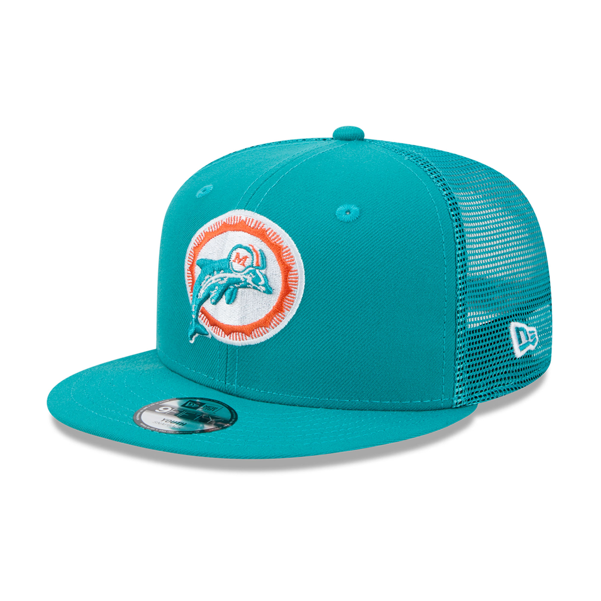 Youth New Era Aqua Miami Dolphins Throwback Main Trucker 9FIFTY Snapback Hat