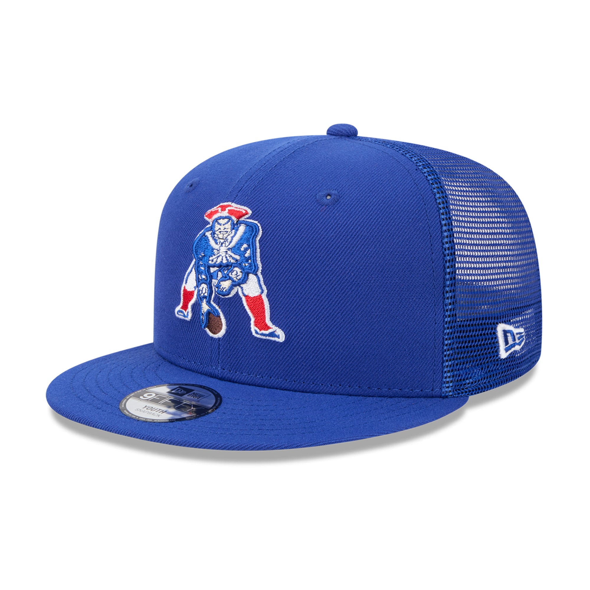 Youth New Era Royal New England Patriots Throwback Main Trucker 9FIFTY Snapback Hat