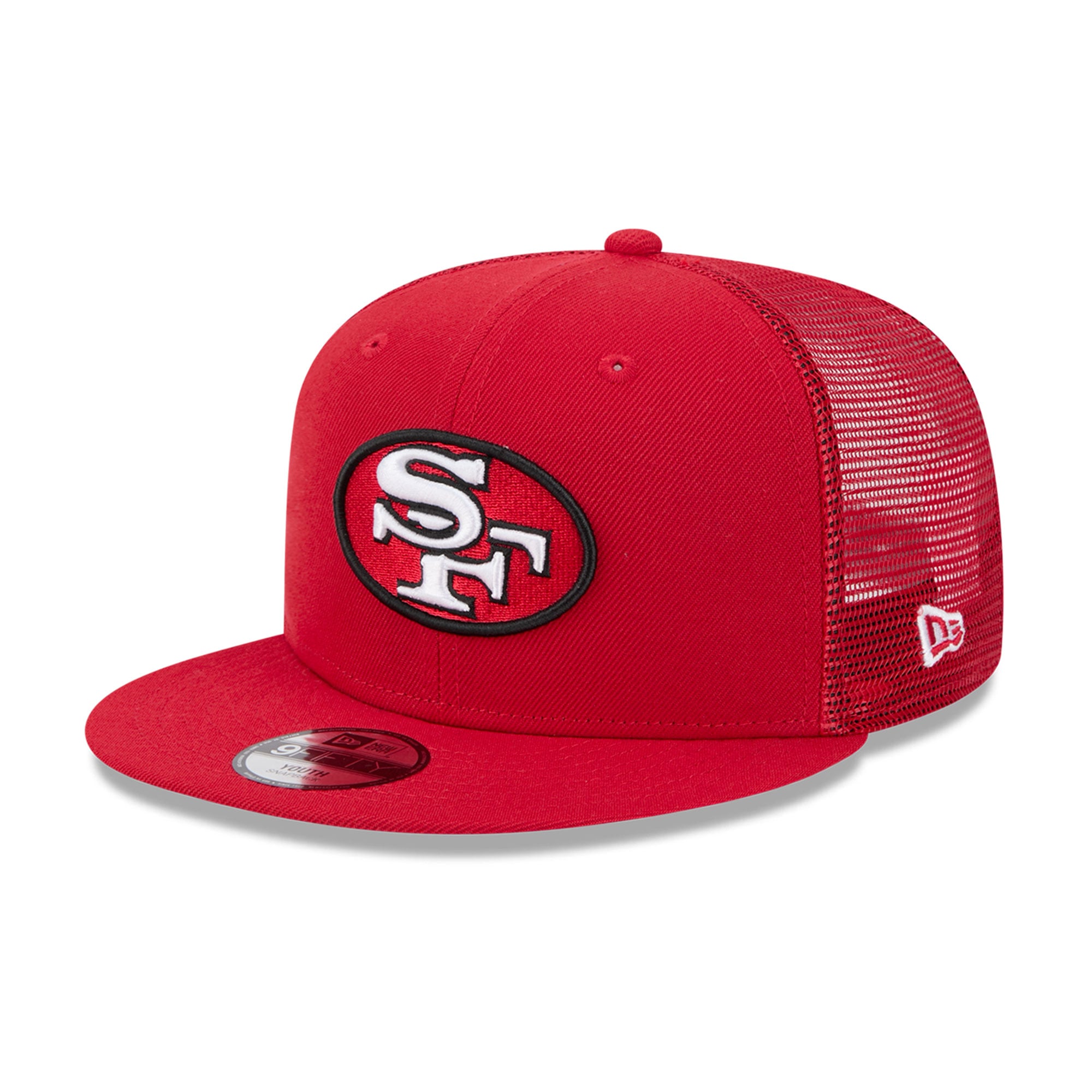 Youth New Era Scarlet San Francisco 49ers Throwback Main Trucker 9FIFTY Snapback Hat