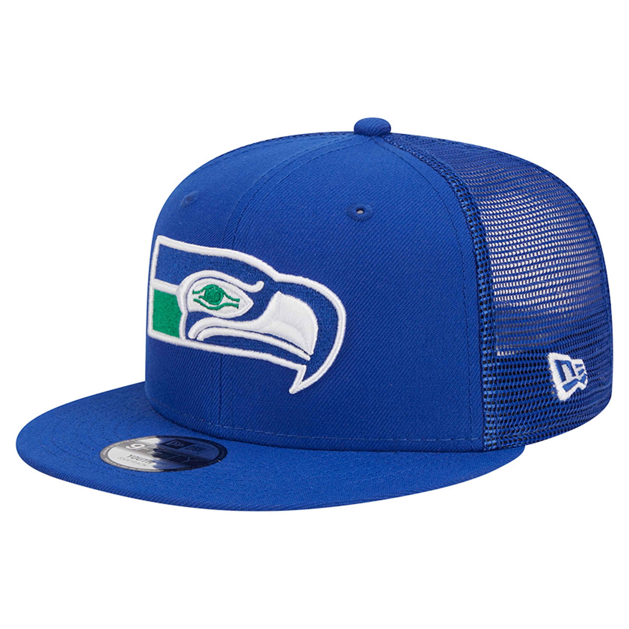 Youth New Era Royal Seattle Seahawks Throwback Main Trucker 9FIFTY Snapback Hat