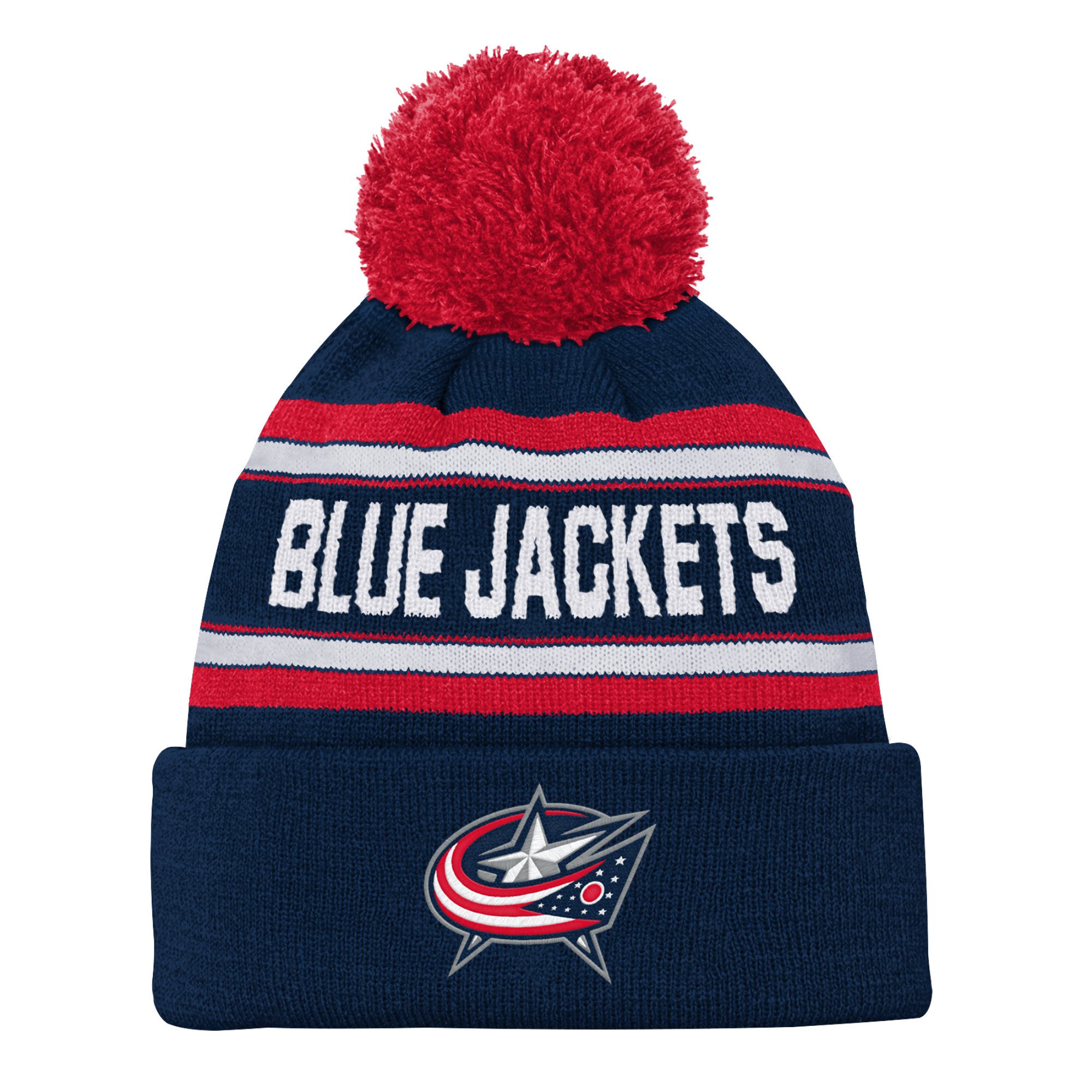 Youth Columbus Blue Jackets Navy Jacquard Cuffed Knit Hat with Pom