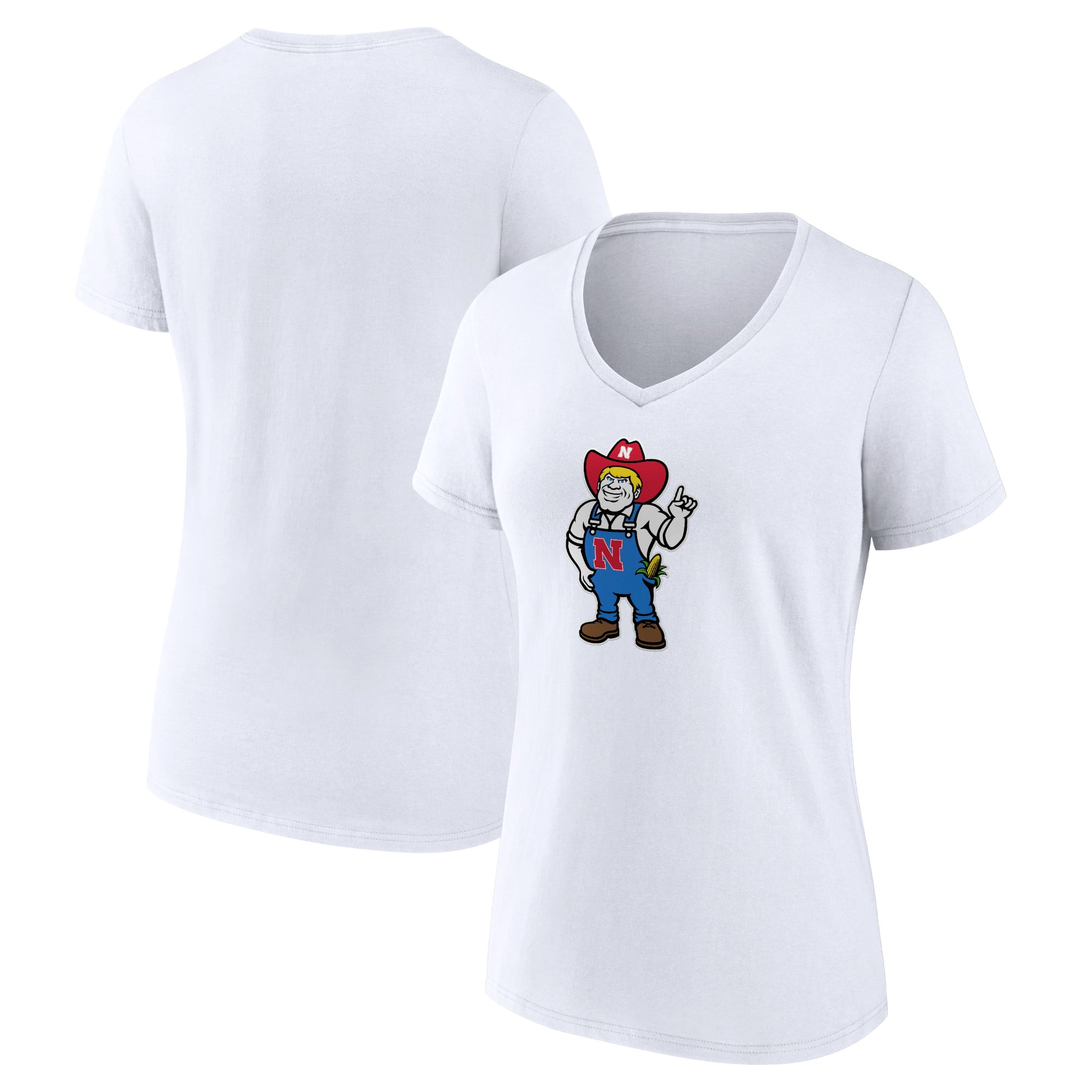 Women's  White Nebraska Huskers Herbie Mark Mascot V-Neck T-Shirt