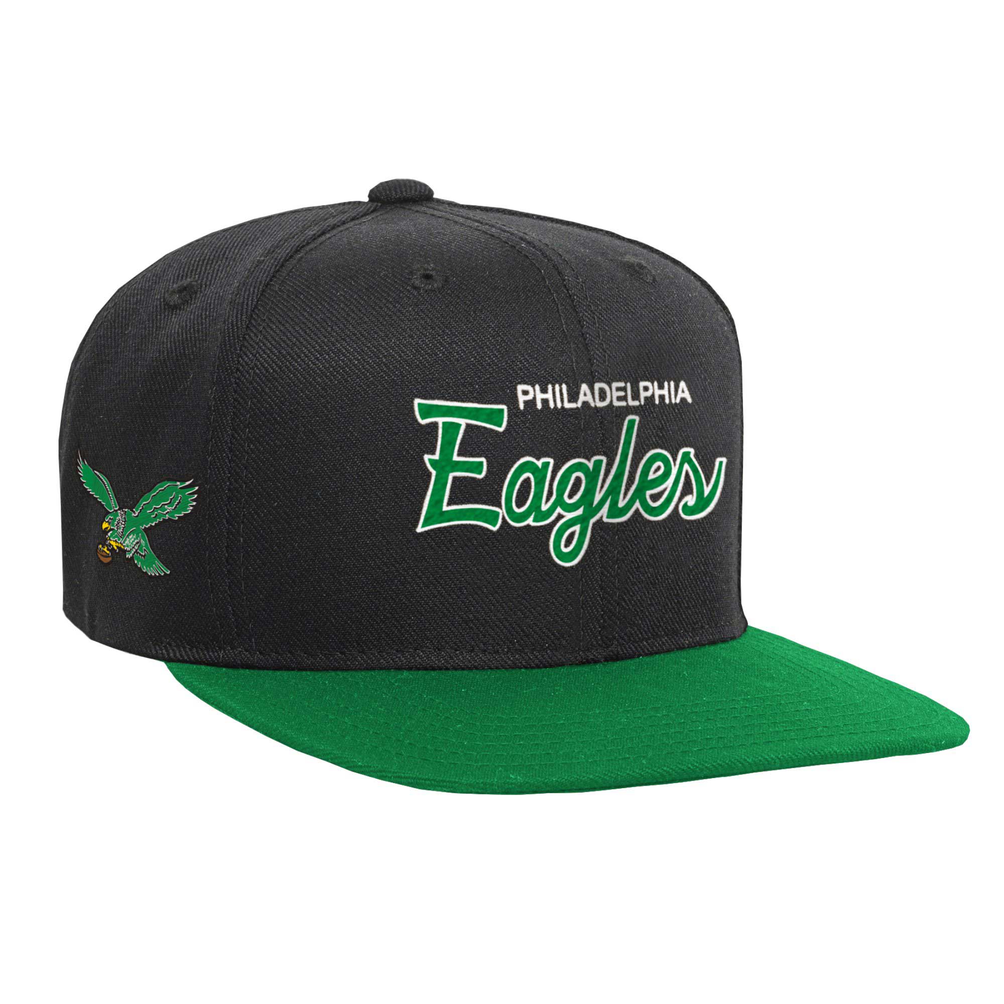 Youth Mitchell & Ness Black/Kelly Green Philadelphia Eagles Team Script Snapback Hat