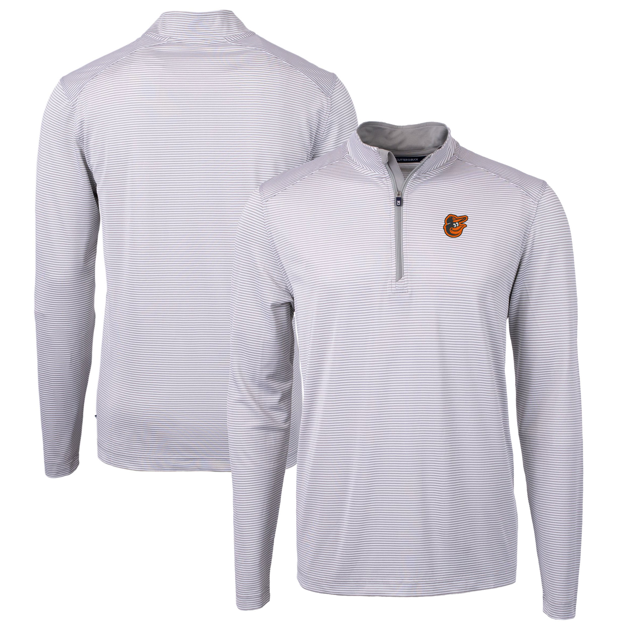 Men’s Cutter & Buck Gray/White Baltimore Orioles Virtue Eco Pique Micro Stripe Recycled Quarter-Zip Pullover Top Men’s Cutter & Buck Gray/White Baltimore Orioles Virtue Eco Pique Micro Stripe Recycled Quarter-Zip Pullover Top
