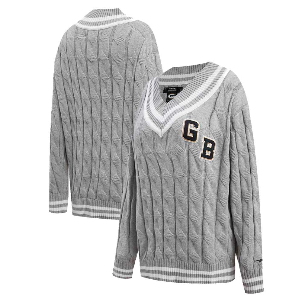 Women's Pro Standard Heather Gray Green Bay Packers Prep V-Neck Pullover Sweater