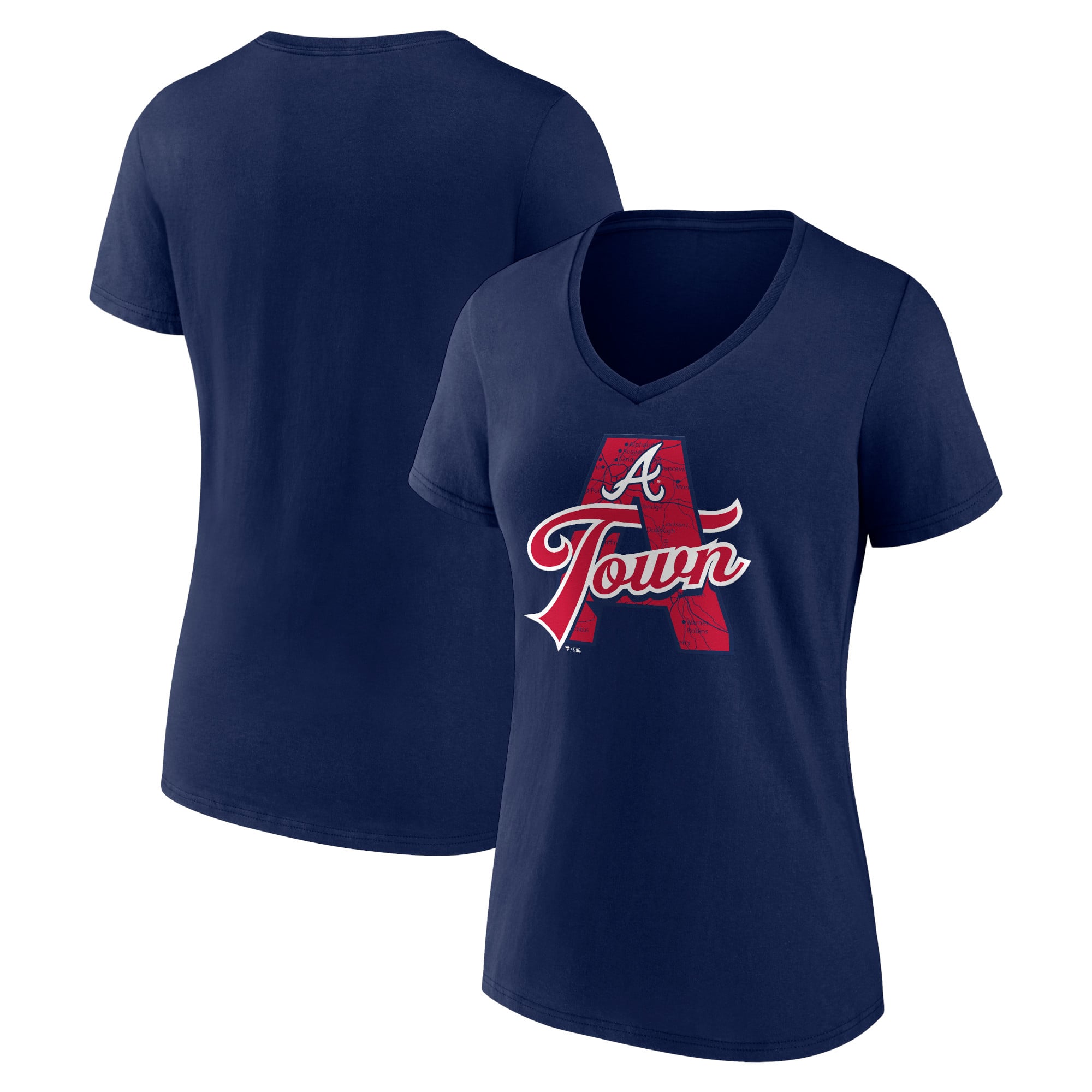 Women's Navy Atlanta Braves Hometown A Town Map V-Neck T-Shirt