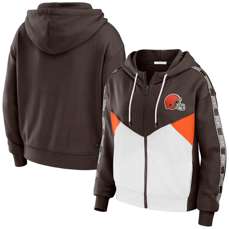 Women's WEAR by Erin Andrews Brown/White Cleveland Browns Color Block Light Weight Modest Crop Full-Zip Hoodie
