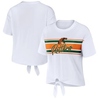 Women's WEAR by Erin Andrews White Florida A&M Rattlers Striped Front Knot Cropped T-Shirt