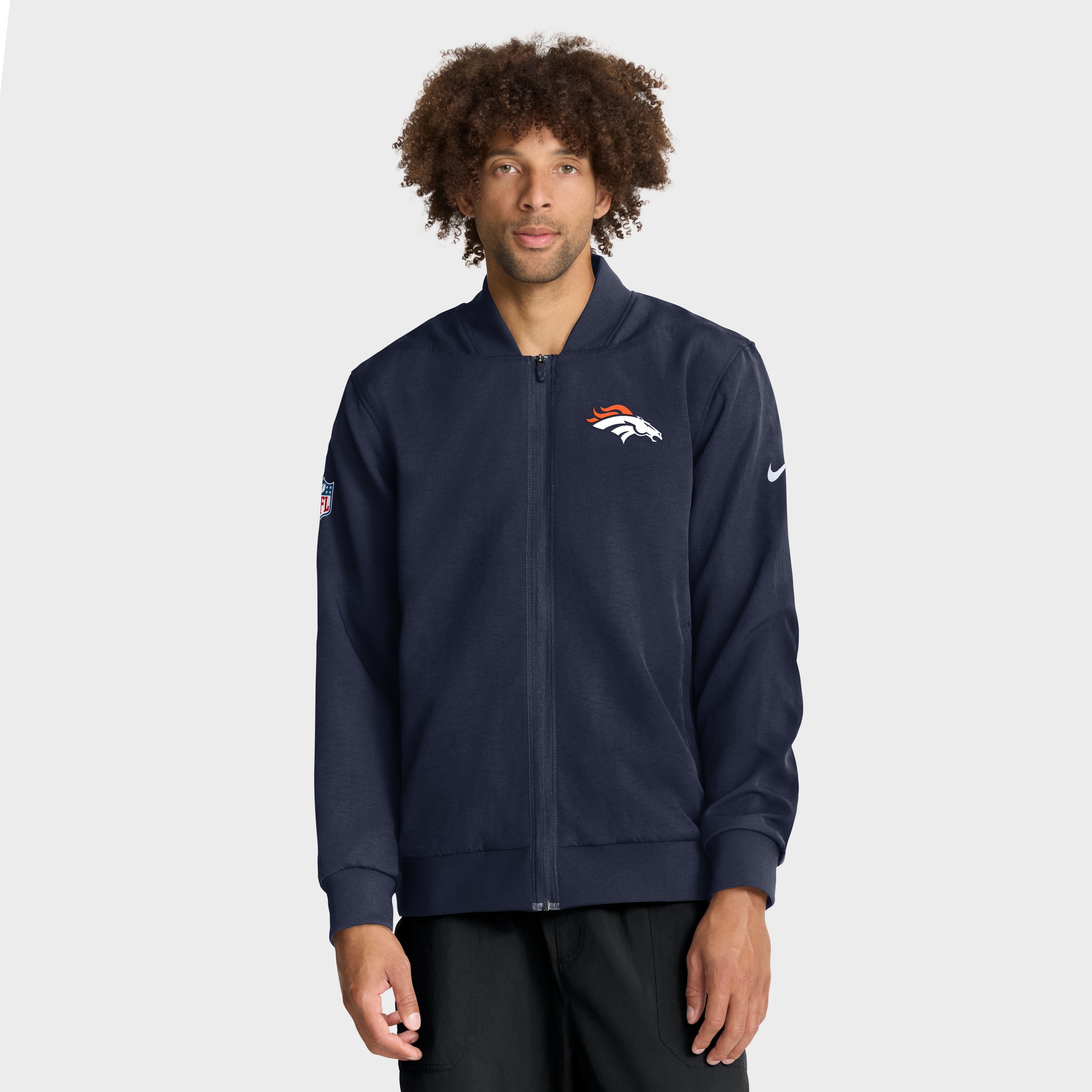 Men's Nike Navy Denver Broncos Sideline Powerful Blocking Full-Zip Dri-FIT Bomber Jacket