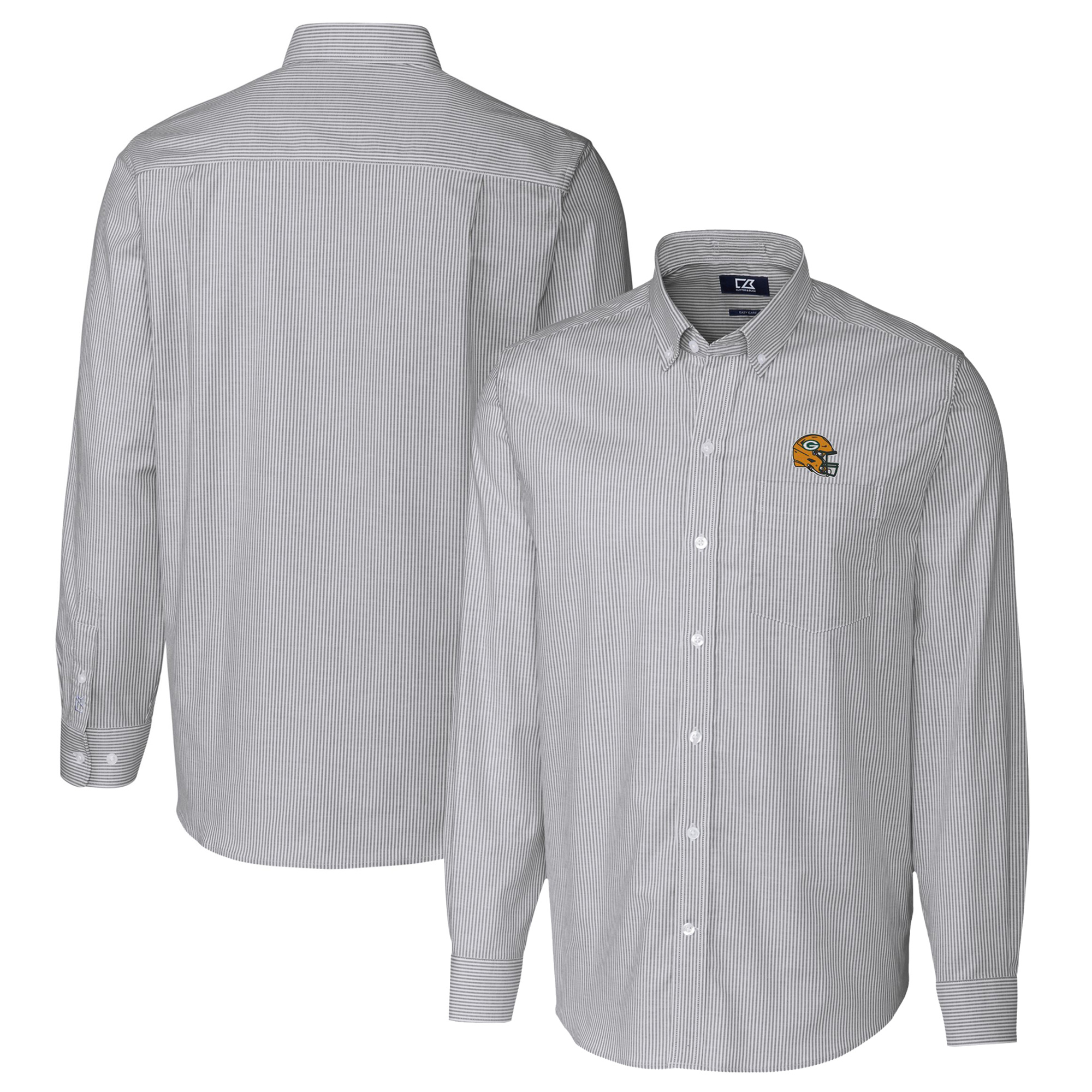 Men's Cutter & Buck Charcoal Green Bay Packers Helmet Stretch Oxford Stripe Long Sleeve Button-Down Shirt