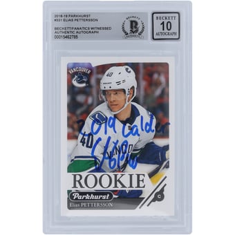 Elias Pettersson Vancouver Canucks Autographed 2018-19 Upper Deck Parkhurst #331 Beckett Fanatics Witnessed Authenticated 10 Rookie Card with "2019 Calder" Inscription