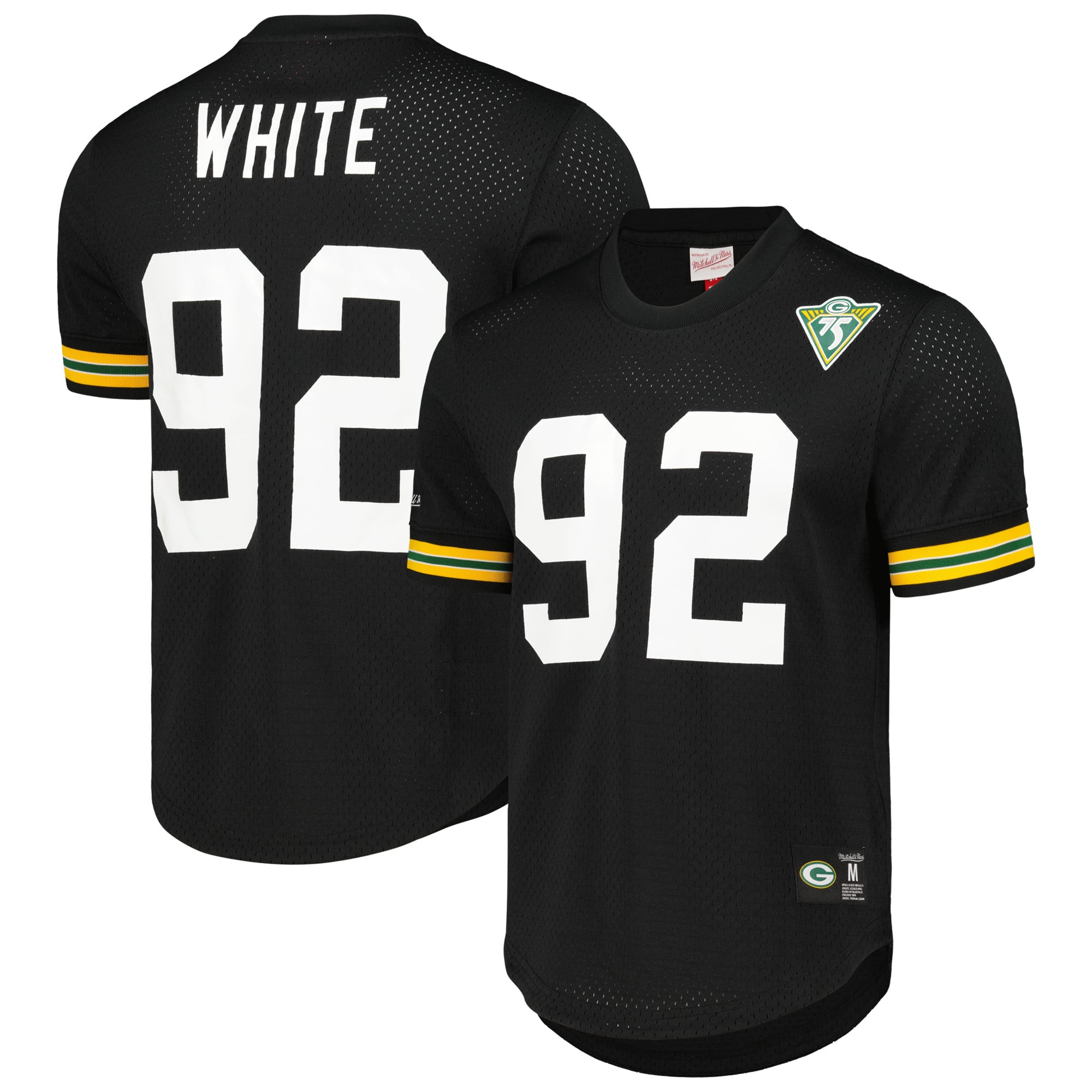 T-shirt en maille Mitchell & Ness pour homme, modèle Reggie White Black Green Bay Packers, avec nom et numéro de joueur retraité.