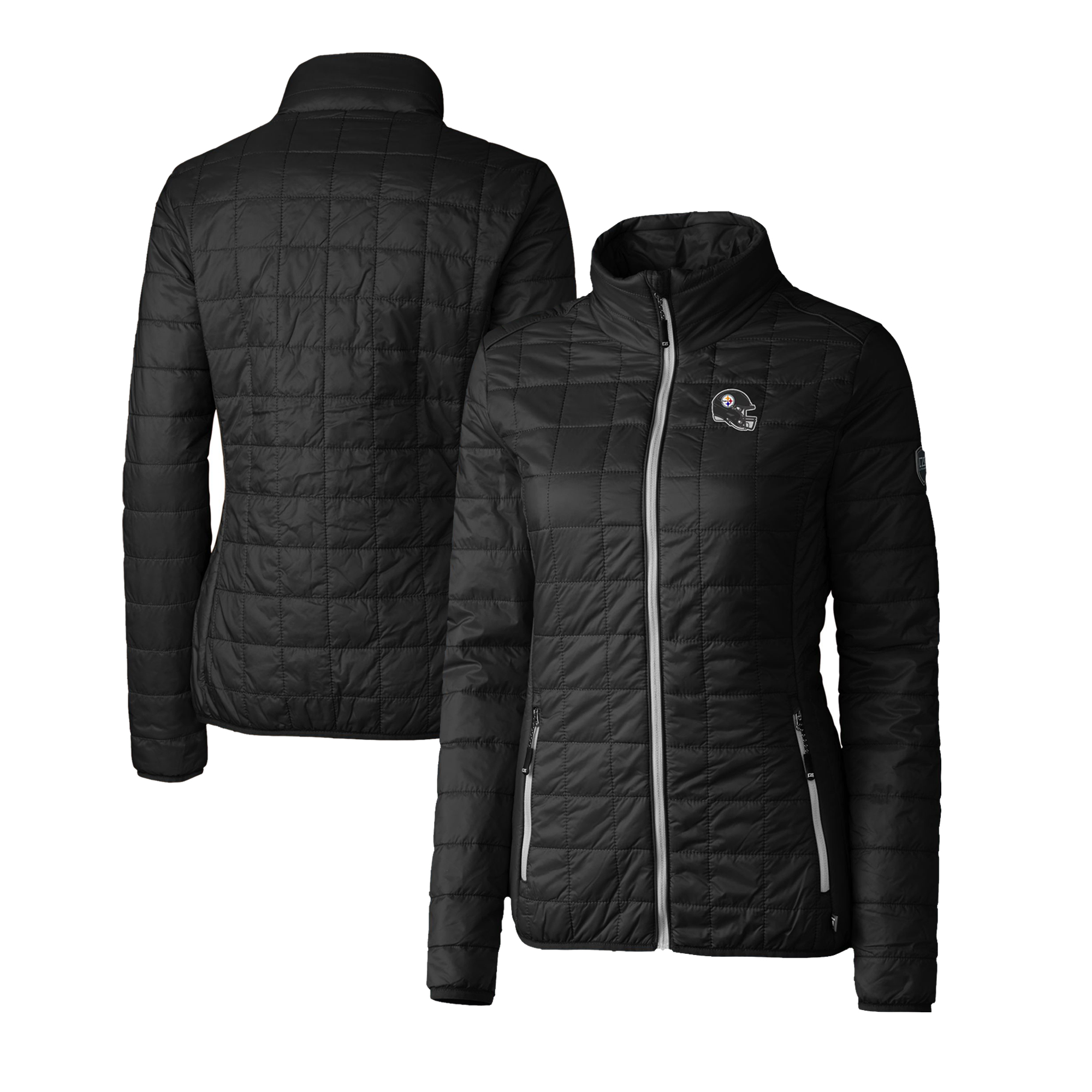 Women's Cutter & Buck Black Pittsburgh Steelers Helmet Logo Rainier PrimaLoft Eco Insulated Full-Zip Puffer Jacket