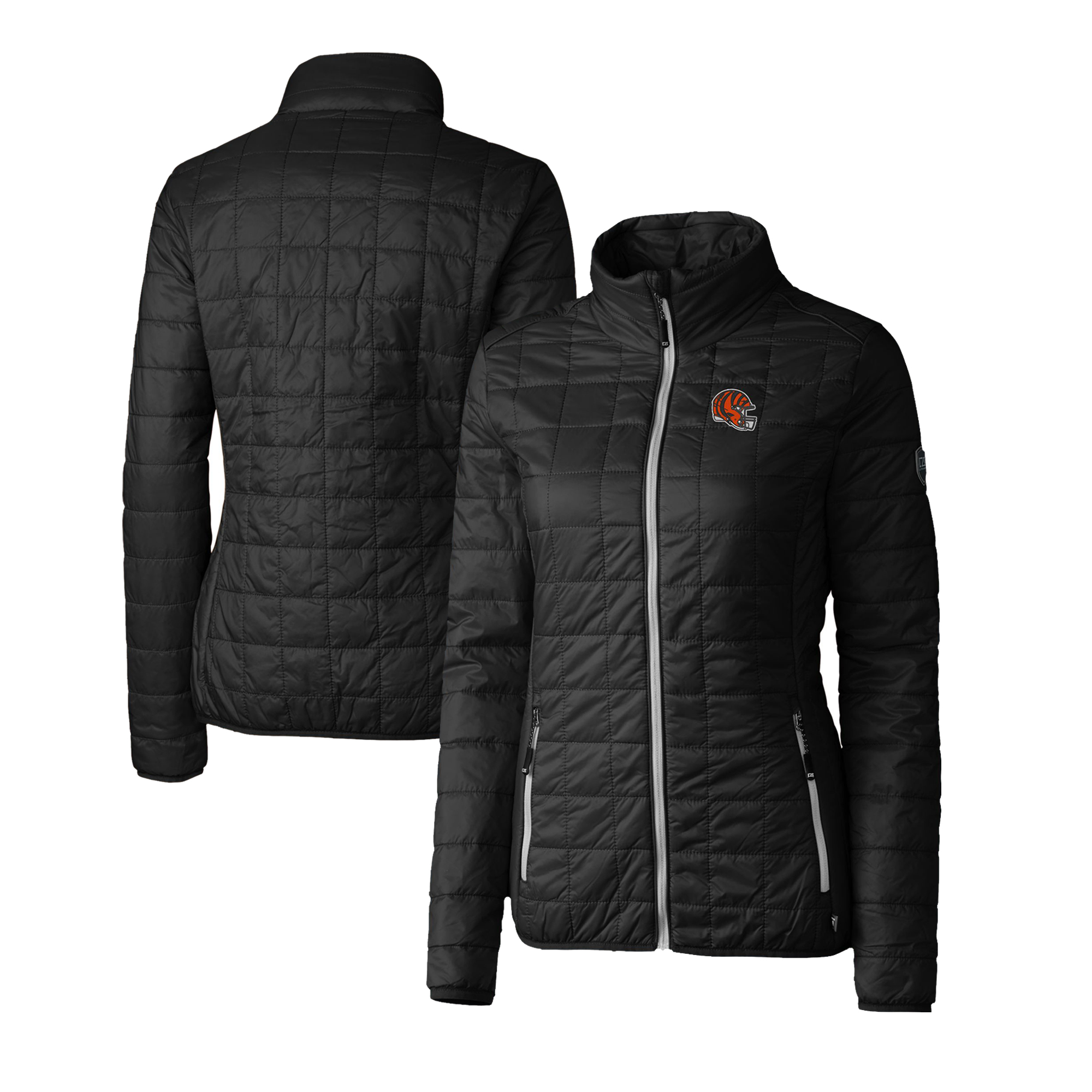 Women's Cutter & Buck Black Cincinnati Bengals Helmet Logo Rainier PrimaLoft Eco Insulated Full-Zip Puffer Jacket