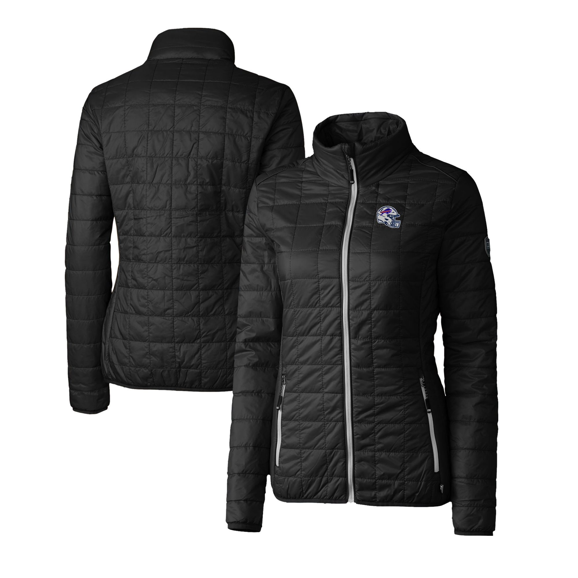 Women's Cutter & Buck Black Buffalo Bills Helmet Logo Rainier PrimaLoft Eco Insulated Full-Zip Puffer Jacket