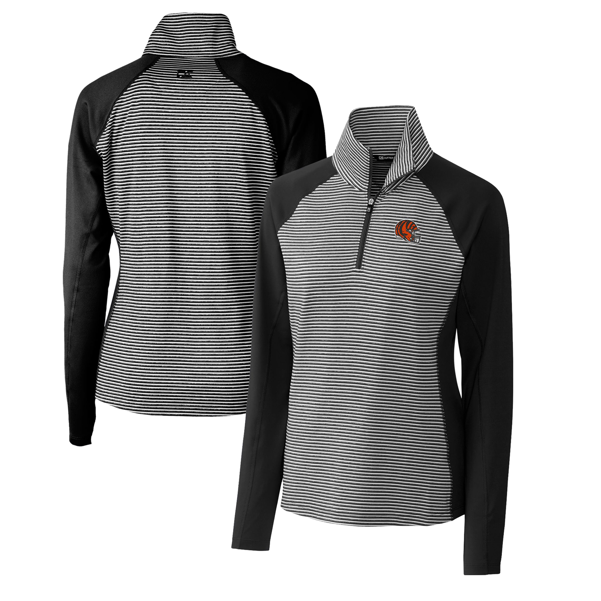 Women's Cutter & Buck Black Cincinnati Bengals Helmet Logo DryTec Forge Tonal Stripe Stretch Half-Zip Top