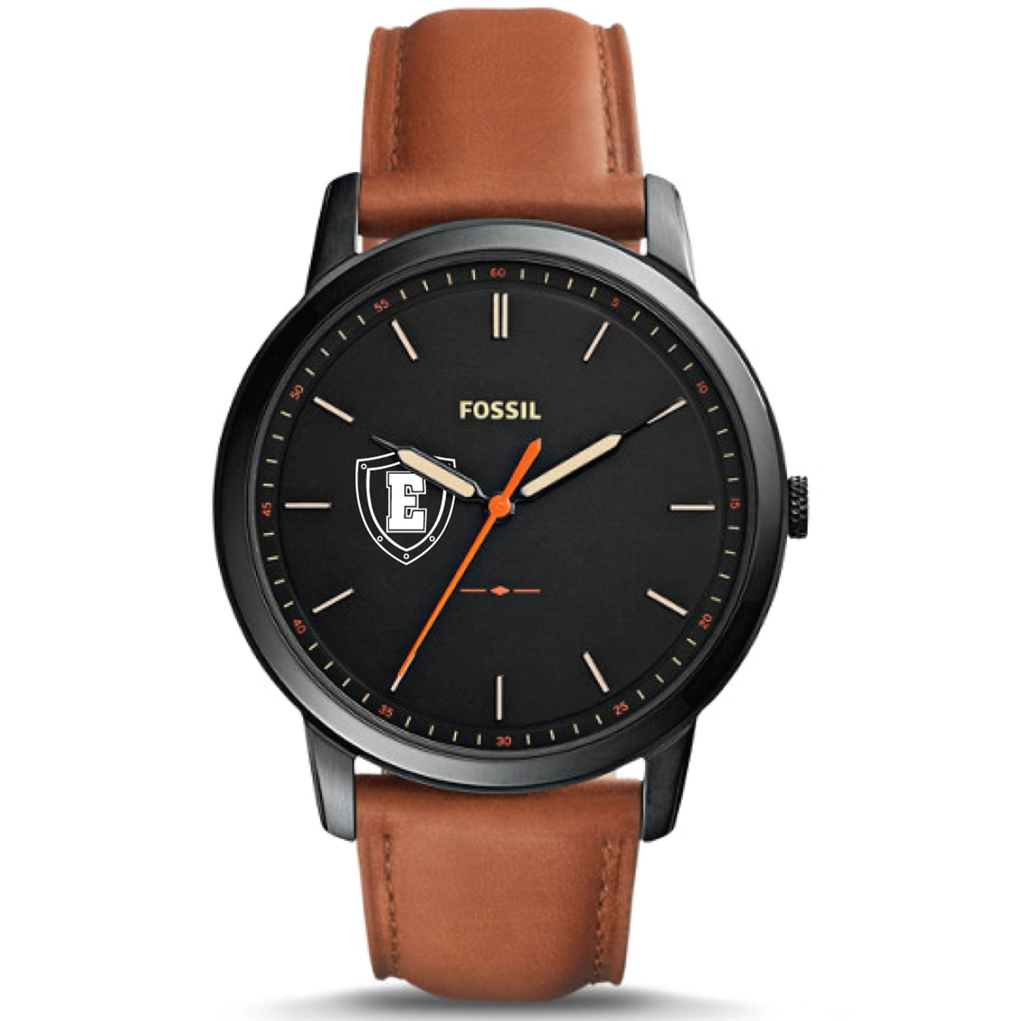 Men's Fossil  Black Eastern Connecticut State Warriors Minimalist Slim Light Brown Leather Watch