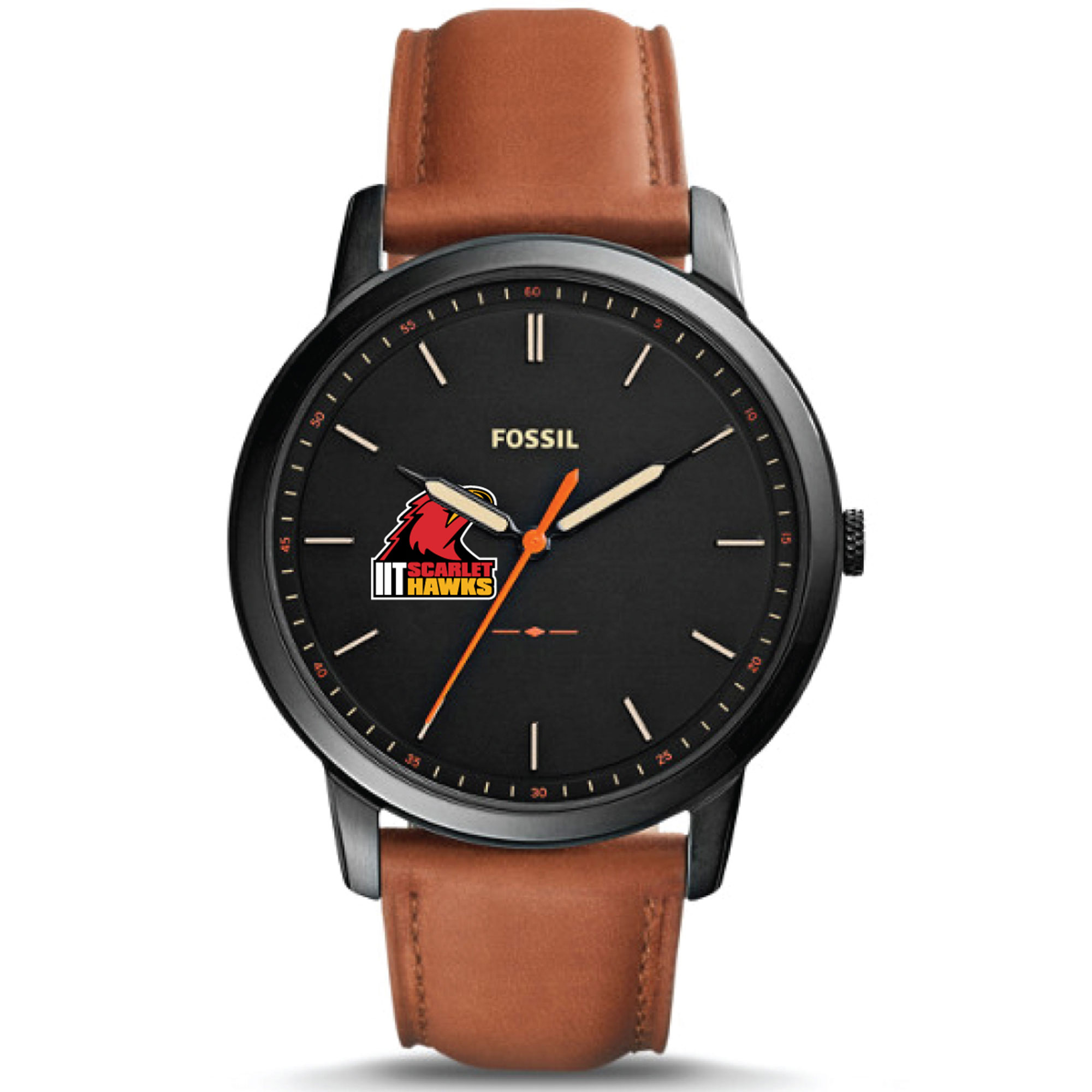 Men's Fossil  Black Illinois Tech Scarlet Hawks Minimalist Slim Light Brown Leather Watch