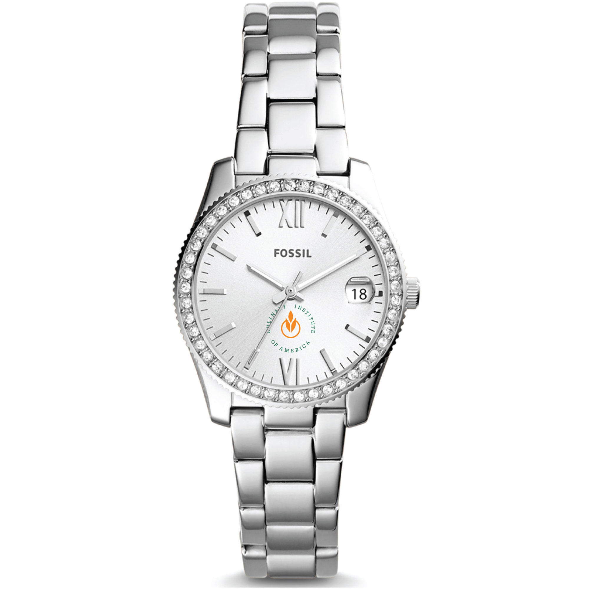Women's Fossil  Silver Culinary Institute of America Steels Scarlette Mini Three-Hand Date Watch