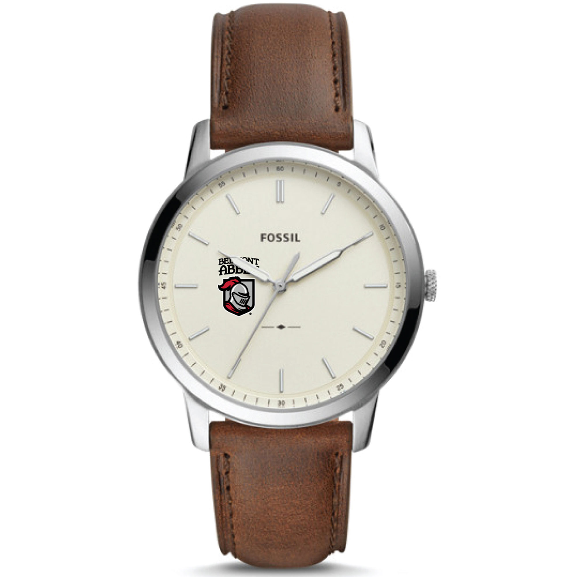 Men's Fossil  Silver Belmont Abbey Crusaders The Minimalist Brown Leather Watch