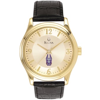 Men's Bulova  Gold/Black UAlbany Great Danes Stainless Steel Watch with Leather Band