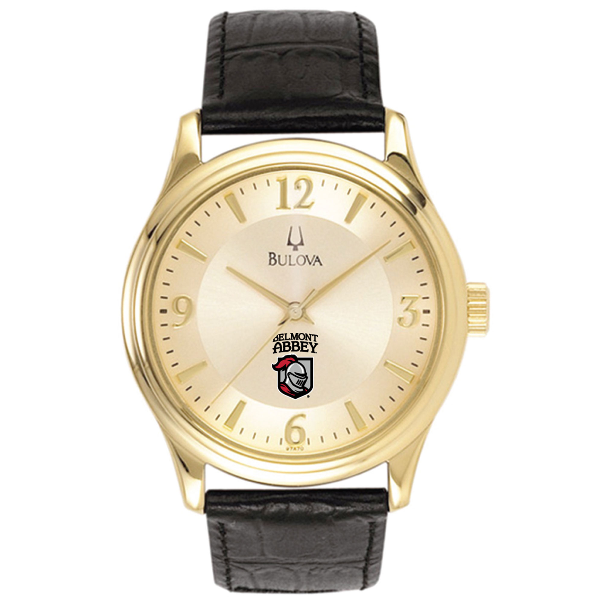 Men's Bulova  Gold/Black Belmont Abbey Crusaders Stainless Steel Watch with Leather Band