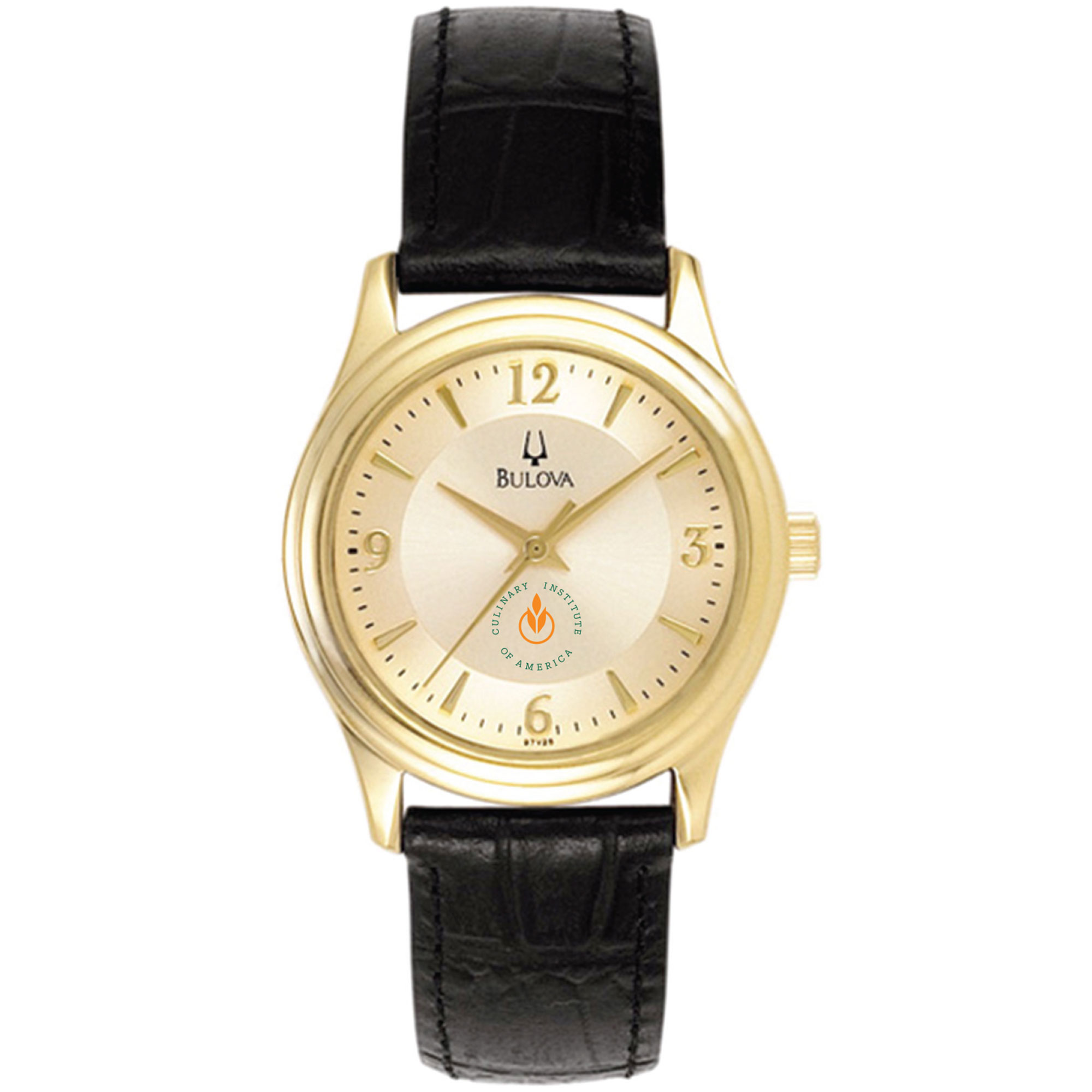Women's Bulova  Gold/Black Culinary Institute of America Steels Stainless Steel Watch with Leather Band