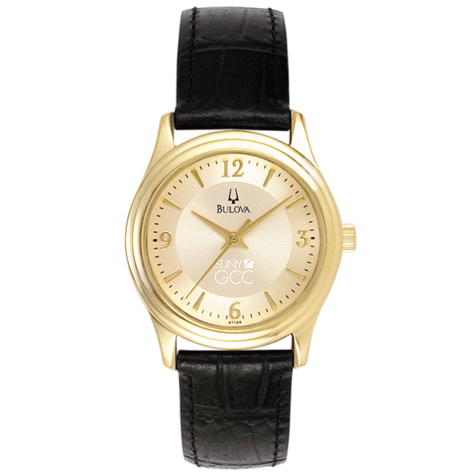 Women's Bulova  Gold/Black SUNY Genesee Community College Stainless Steel Watch with Leather Band