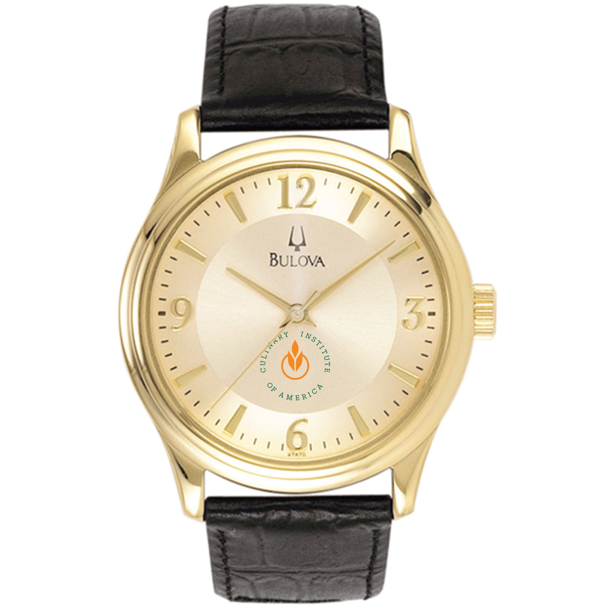 Men's Bulova  Gold/Black Culinary Institute of America Steels Stainless Steel Watch with Leather Band