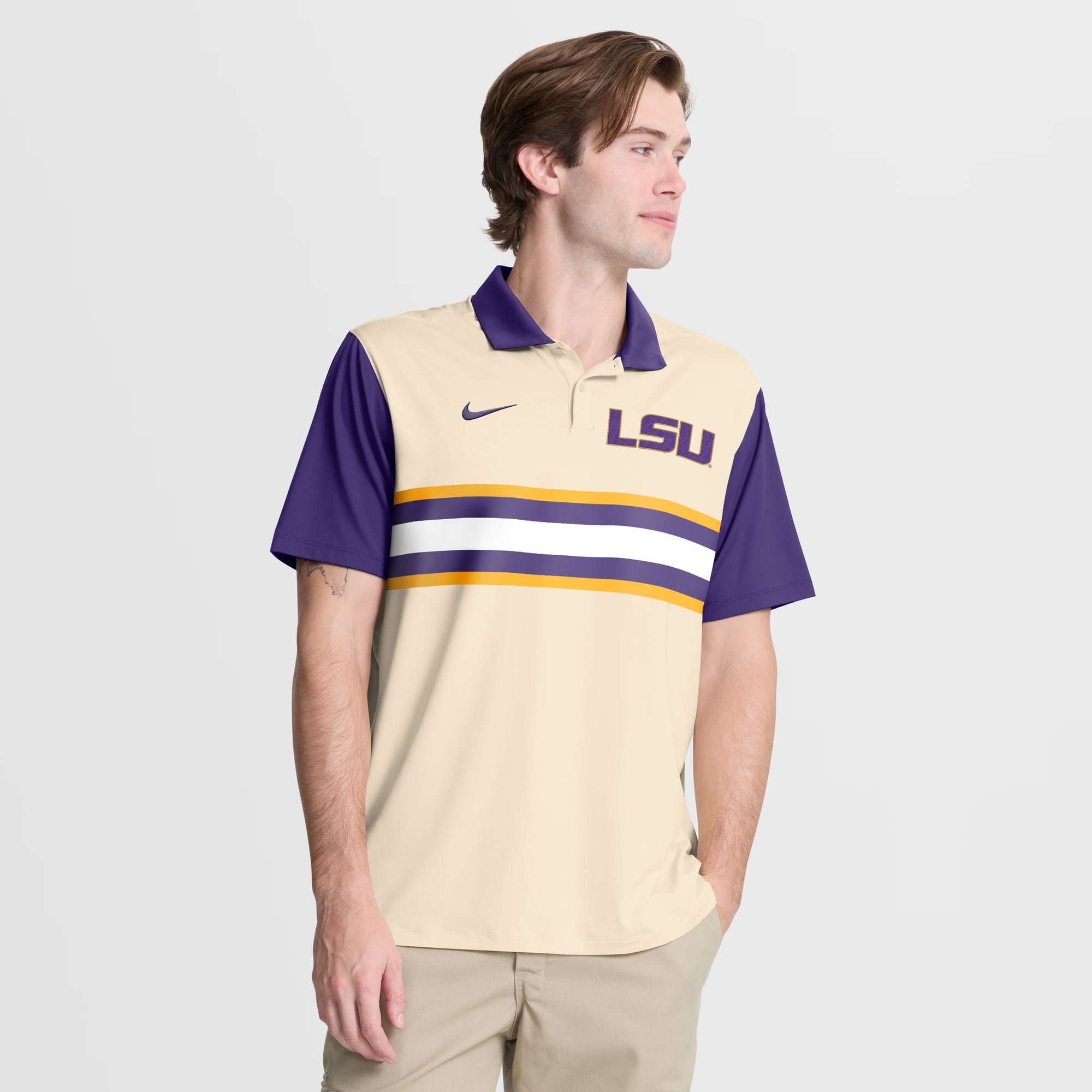 Men's Nike Natural/Purple LSU Tigers Vapor Primary Logo Dri-FIT Polo