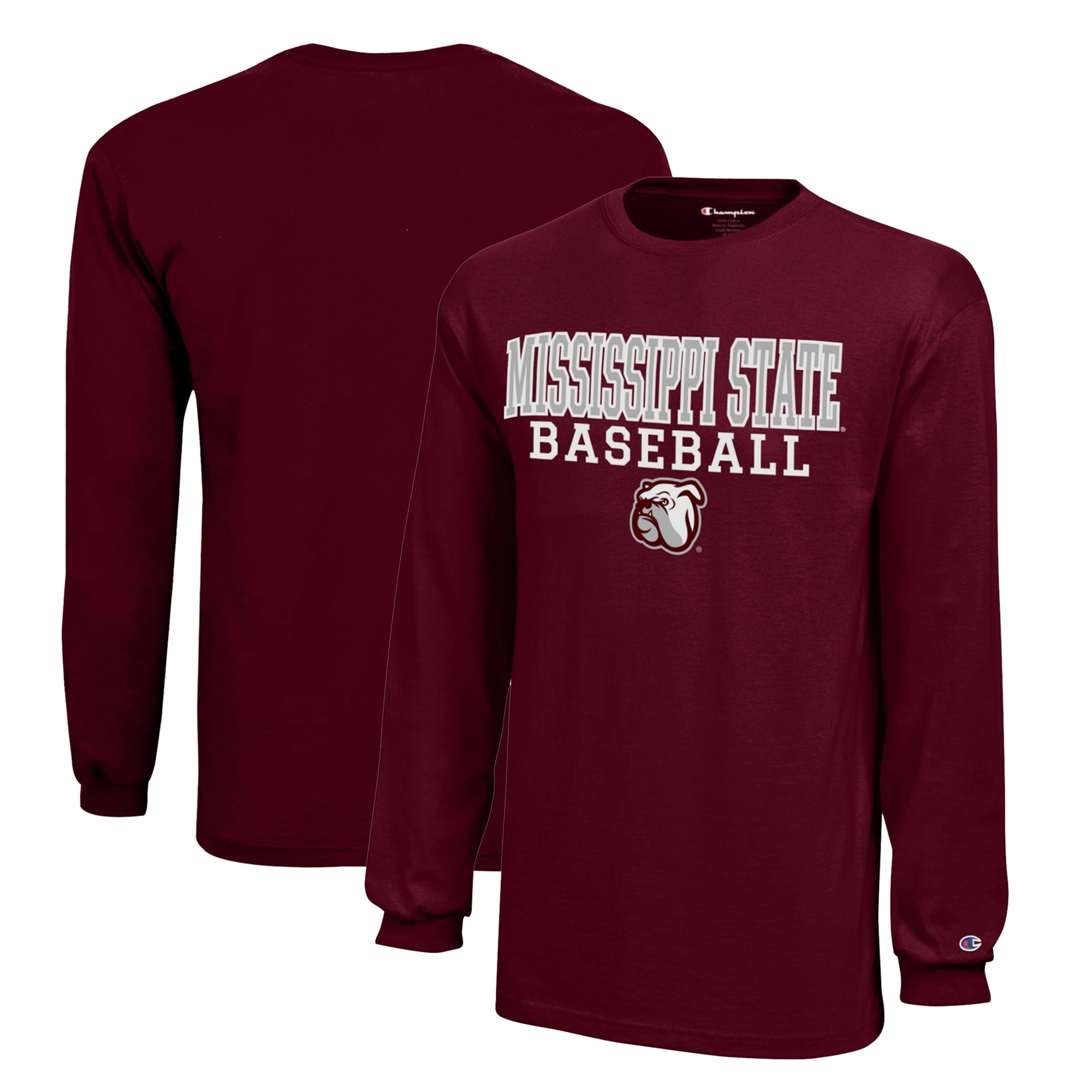 Youth Champion  Maroon Mississippi State Bulldogs Stacked Logo Long Sleeve Baseball T-Shirt