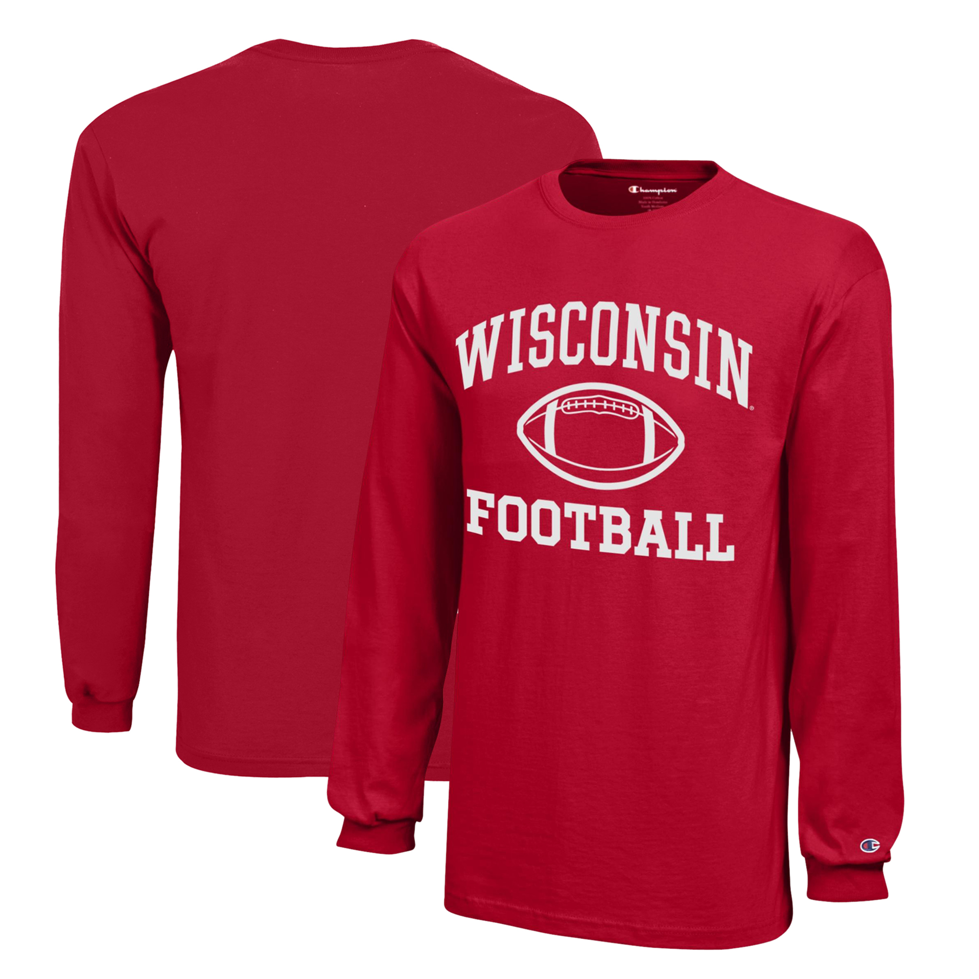 Youth Champion Red Wisconsin Badgers Icon Logo Long Sleeve Football T-Shirt