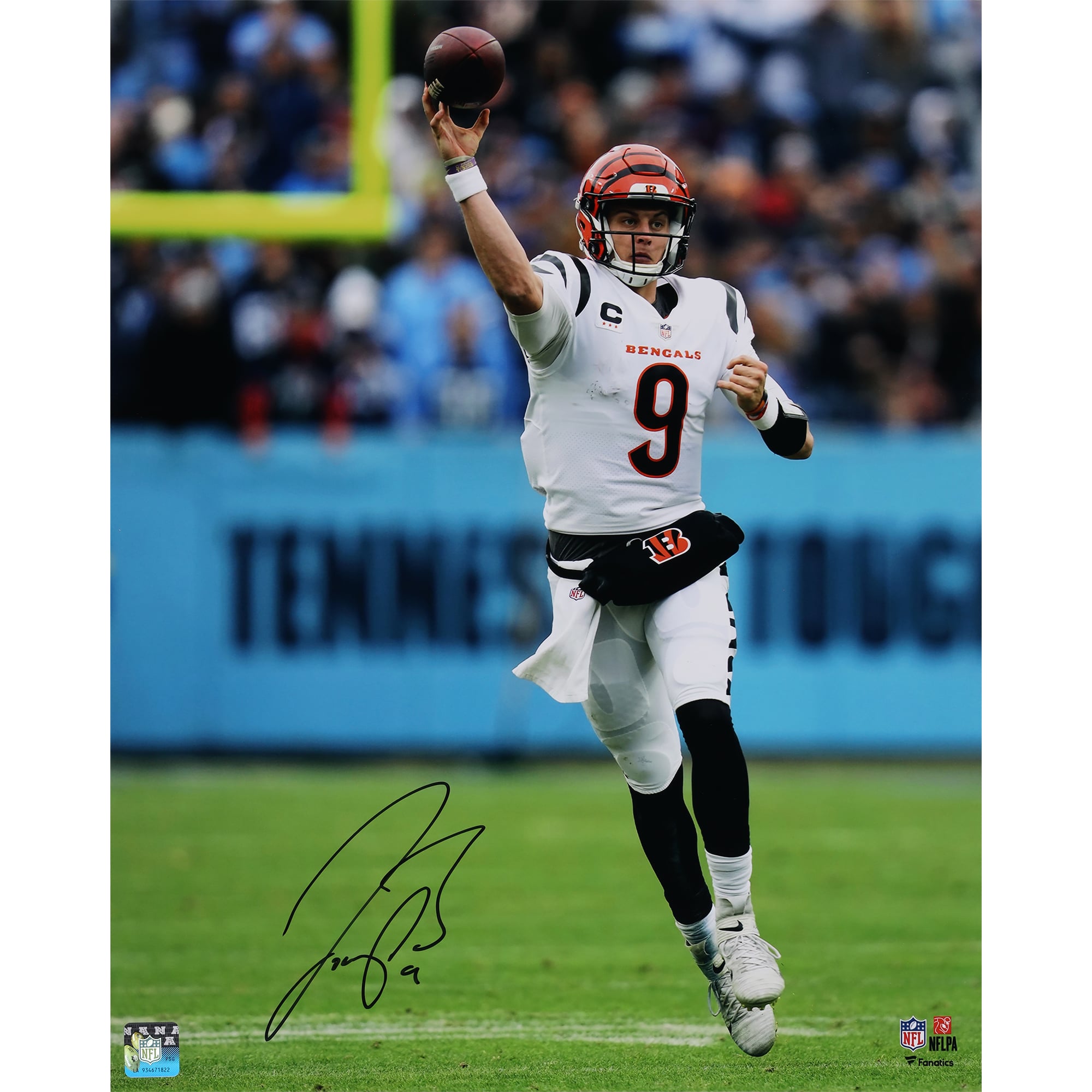Joe Burrow Cincinnati Bengals Autographed 16″ x 20″ Pass vs Titans in White Jersey Photograph Joe Burrow Cincinnati Bengals Autographed 16″ x 20″ Pass vs Titans in White Jersey Photograph