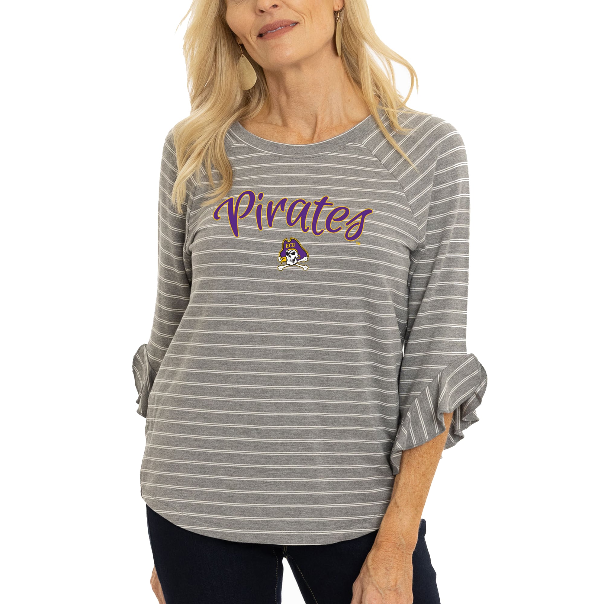 Women's  Gray ECU Pirates Renatta Striped Ruffle 3/4-Sleeve T-Shirt
