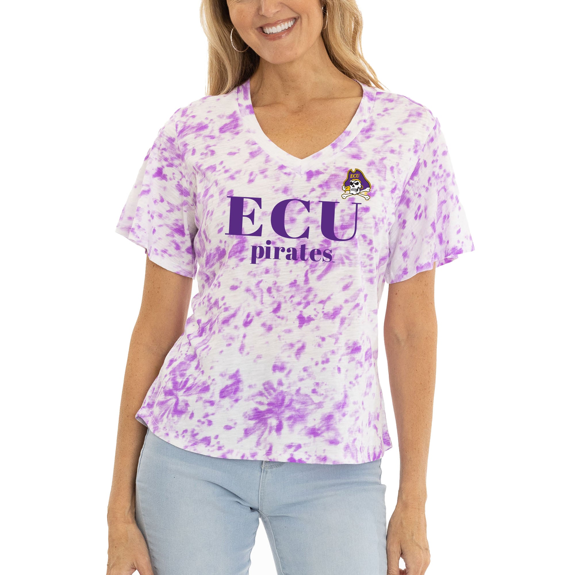 Women's  Purple ECU Pirates Faye Ruffle V-Neck T-Shirt