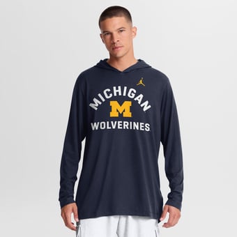 Men's Jordan Brand Navy Michigan Wolverines Primetime Arch Tri-Blend Dri-FIT Long Sleeve Hooded T-Shirt