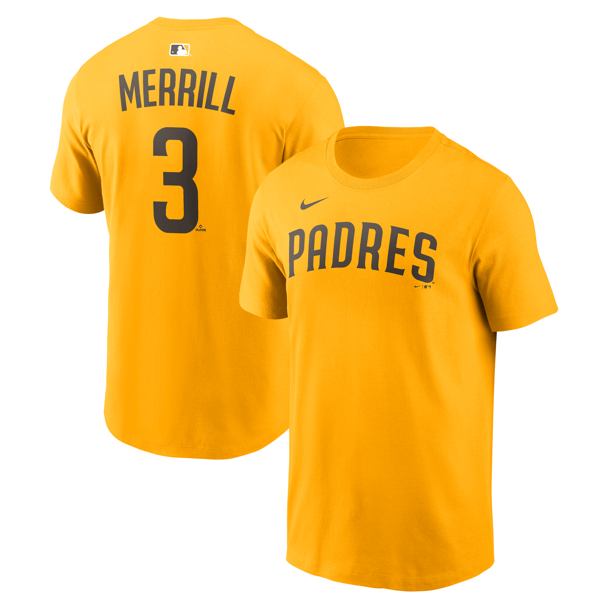 Men's Nike Jackson Merrill Gold San Diego Padres Home Name & Number T-Shirt