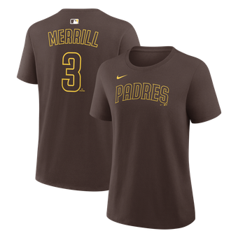 Women's Nike Jackson Merrill Brown San Diego Padres Name & Number T-Shirt