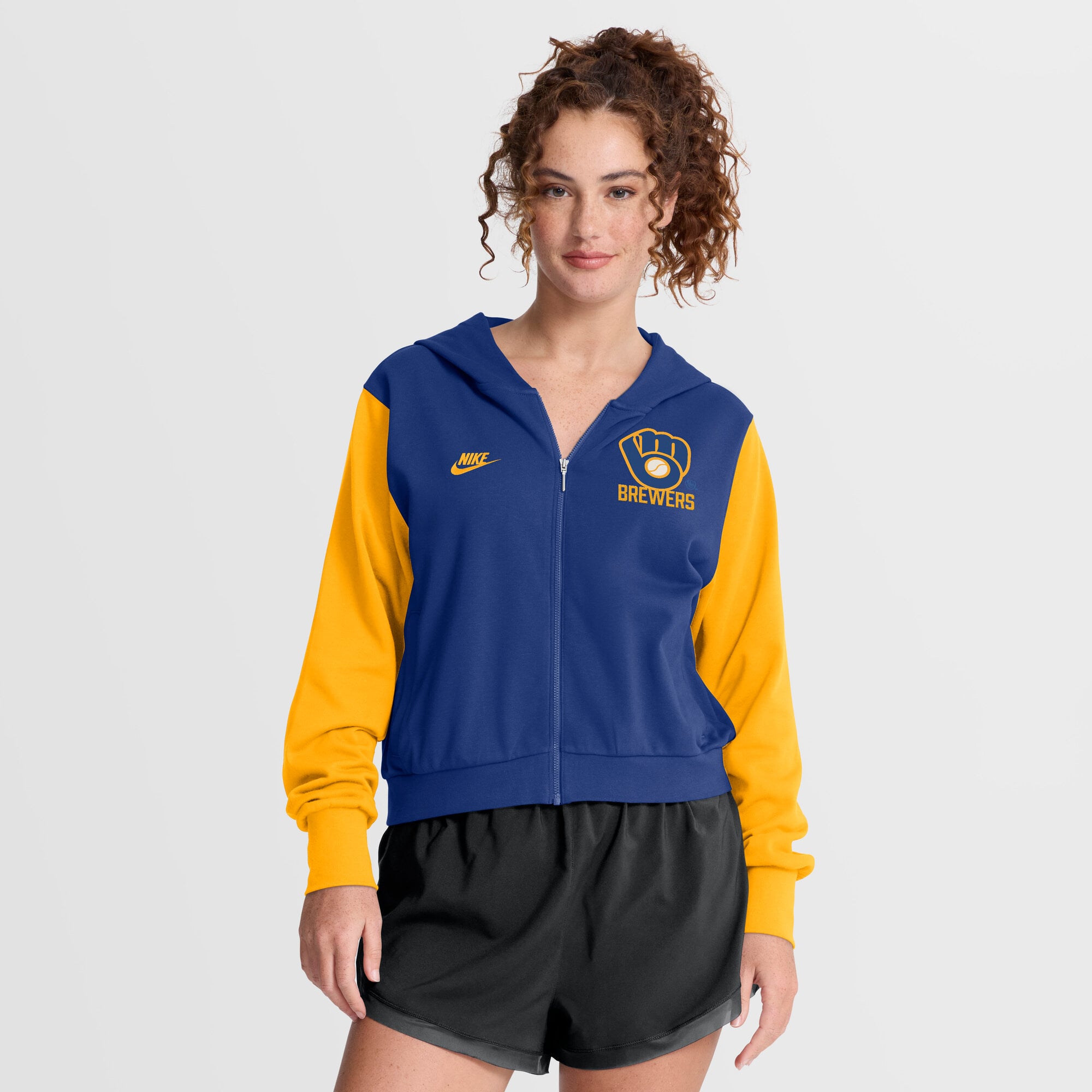 Women's Nike Royal/Gold Milwaukee Brewers Cooperstown Collection Cropped Full-Zip Hoodie