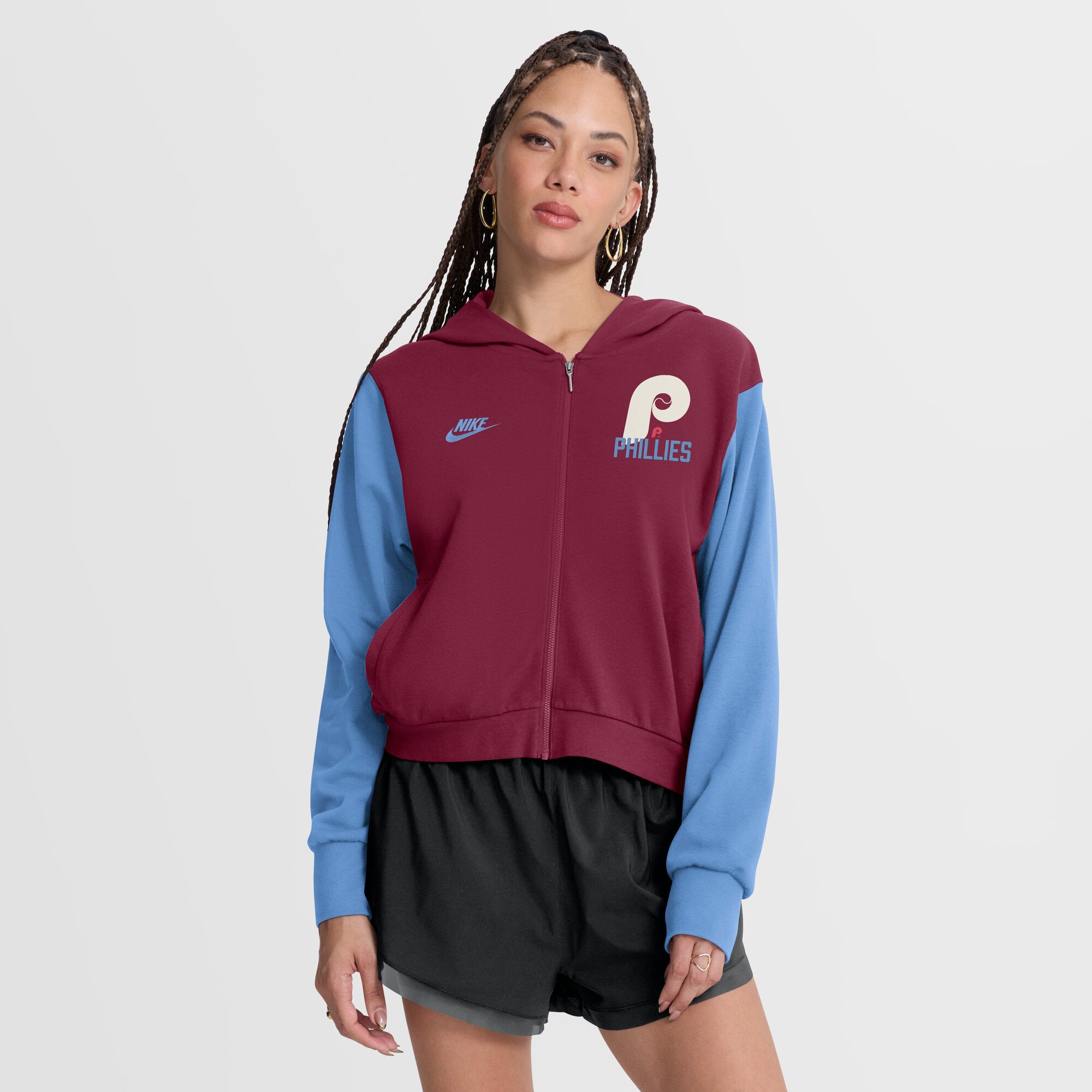 Women's Nike Burgundy/Light Blue Philadelphia Phillies Cooperstown Collection Cropped Full-Zip Hoodie