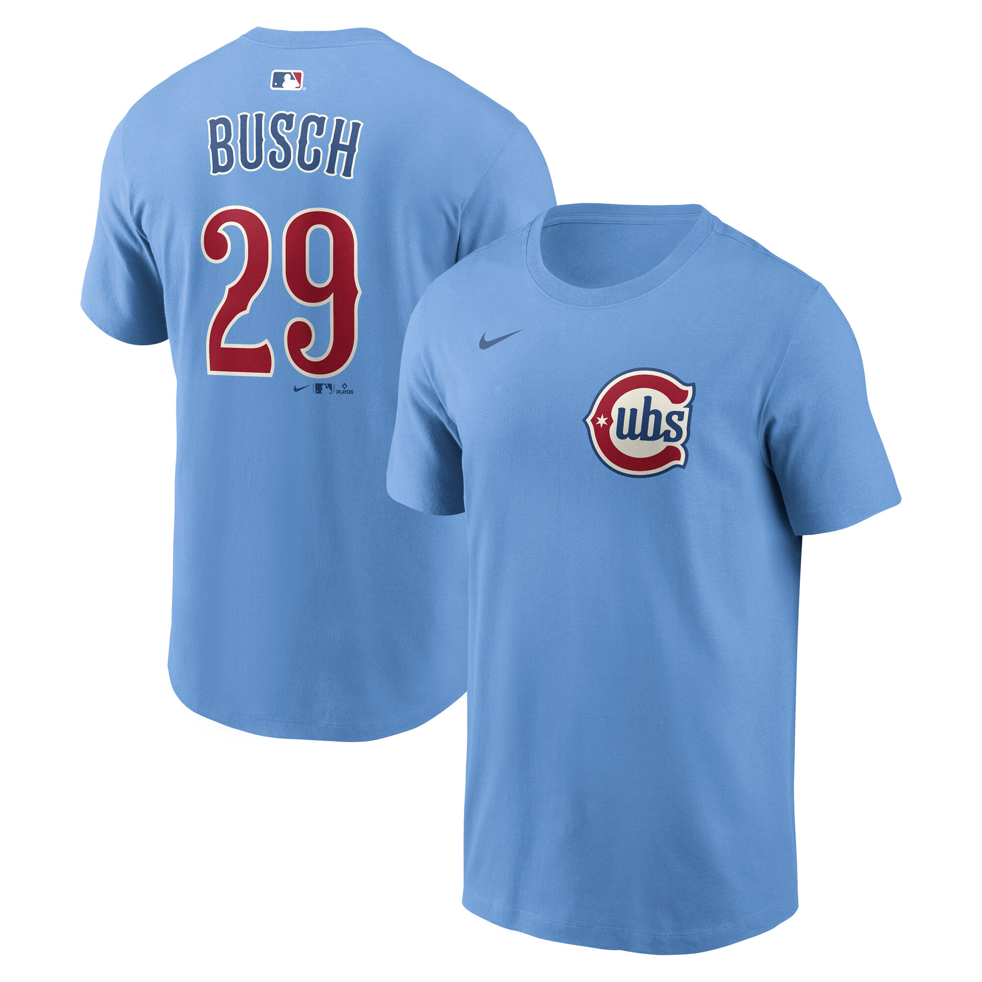 Men's Nike Michael Busch Light Blue Chicago Cubs Alternate 2 Name & Number T-Shirt
