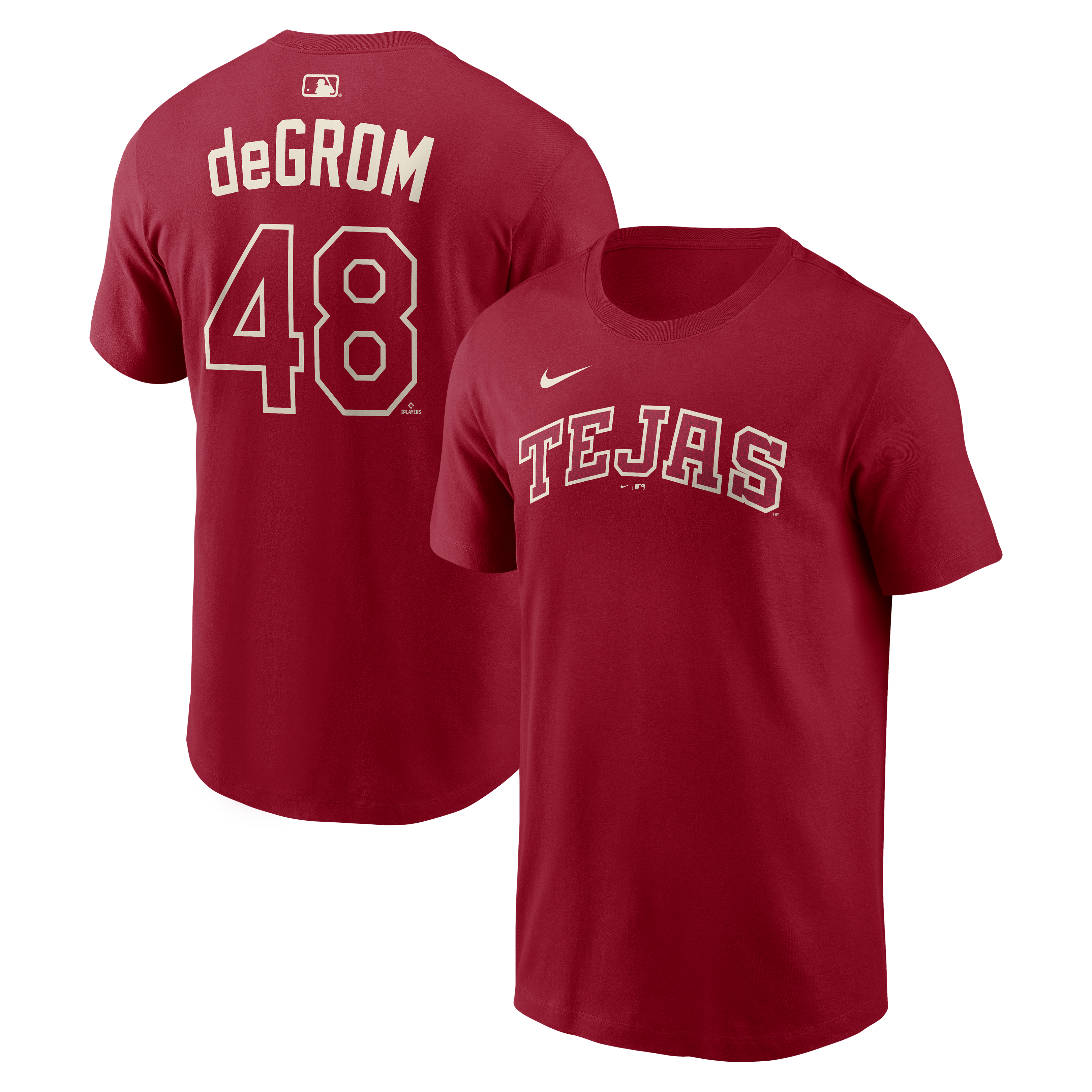 Men's Nike Jacob deGrom Red Texas Rangers 2026 City Connect Name & Number T-Shirt