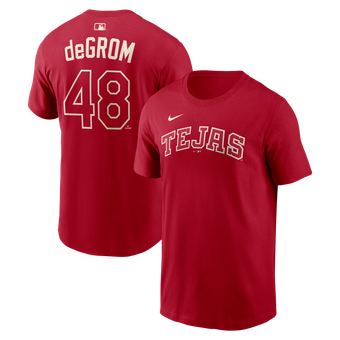 Men's Nike Jacob deGrom Red Texas Rangers 2026 City Connect Name & Number T-Shirt