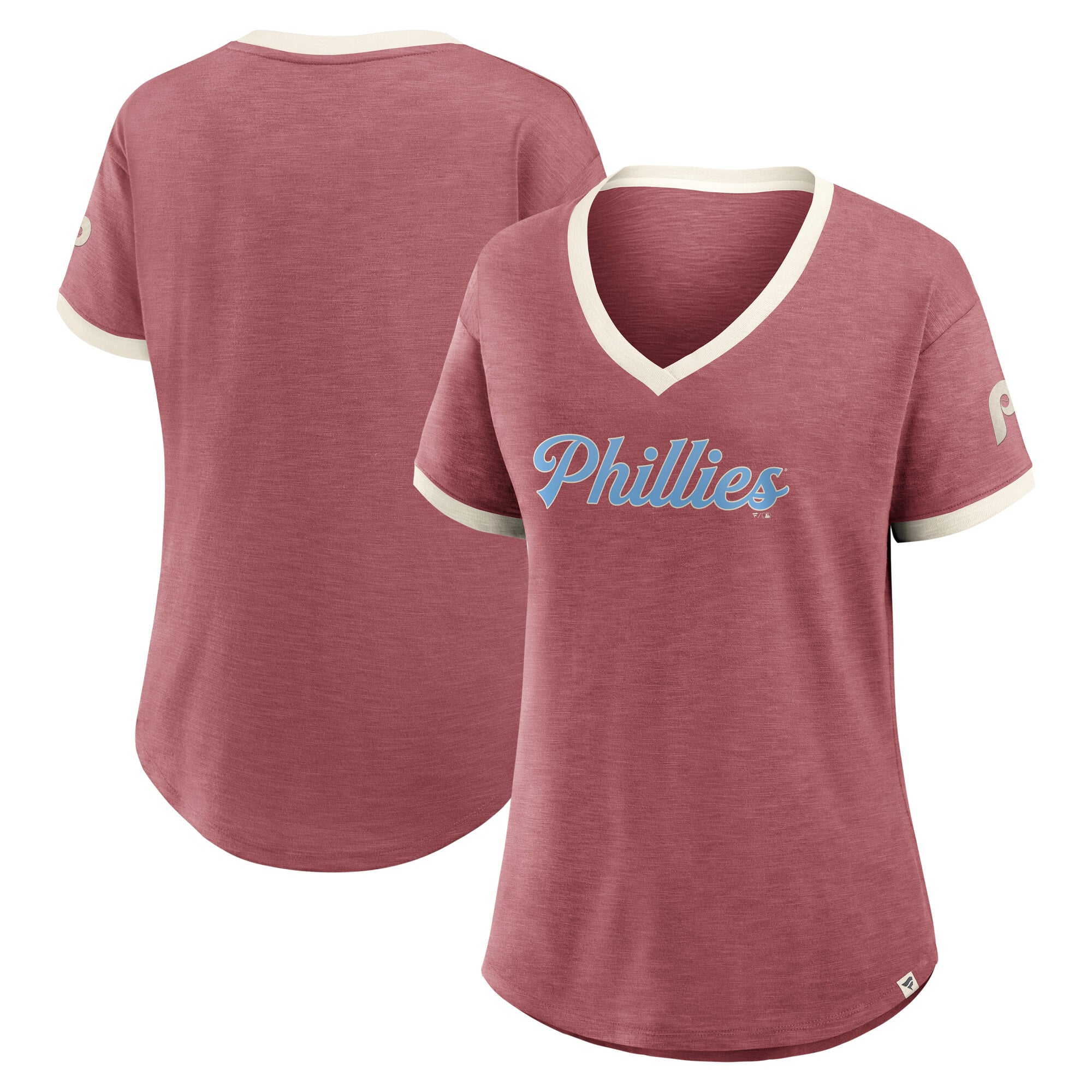 Women's Fanatics Burgundy Philadelphia Phillies Relaxed Fit Vintage Play Slub V-Neck Fashion Top