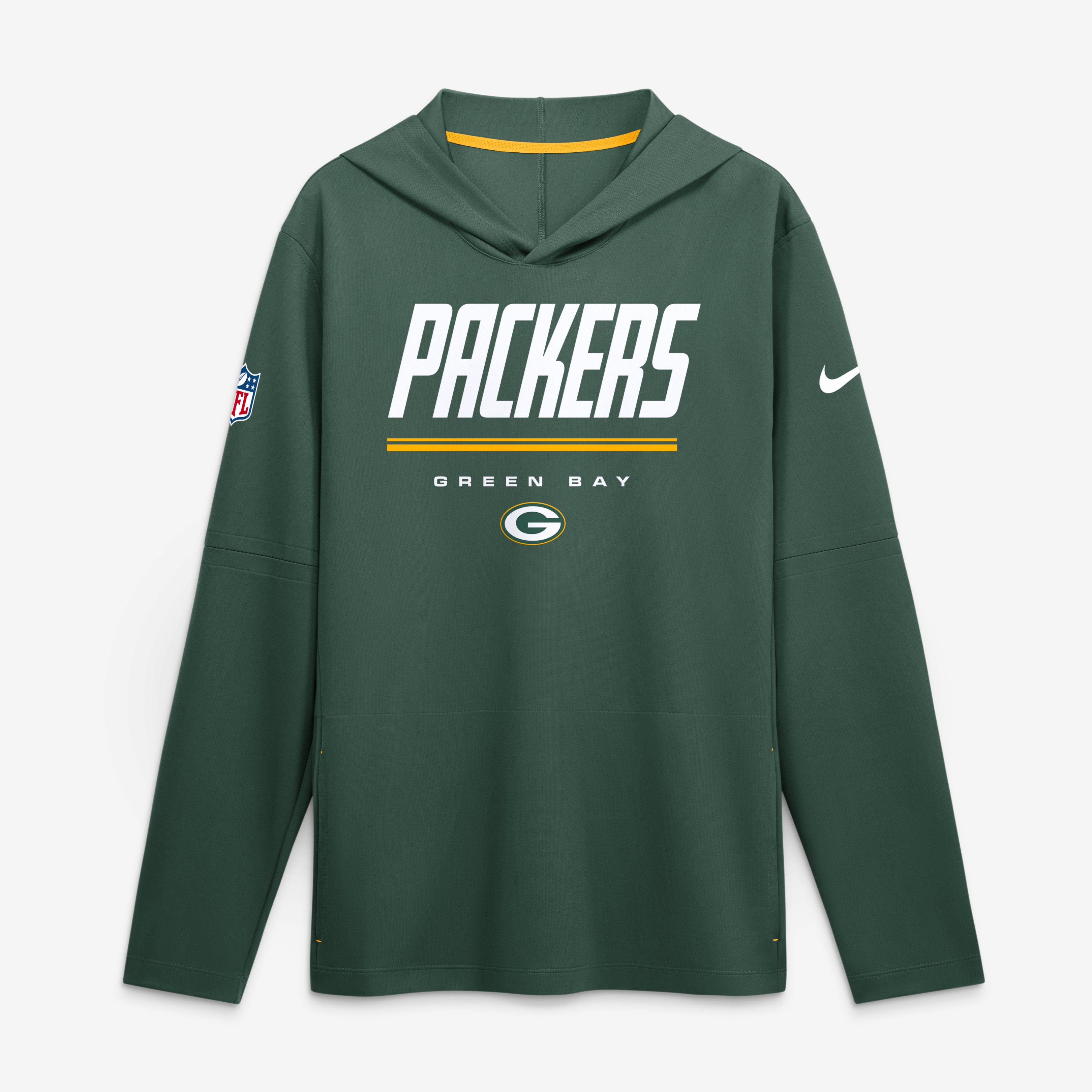 Men’s Nike Green Green Bay Packers Sideline Game On Lightweight Long Sleeve Hooded Dri-FIT Top Men’s Nike Green Green Bay Packers Sideline Game On Lightweight Long Sleeve Hooded Dri-FIT Top