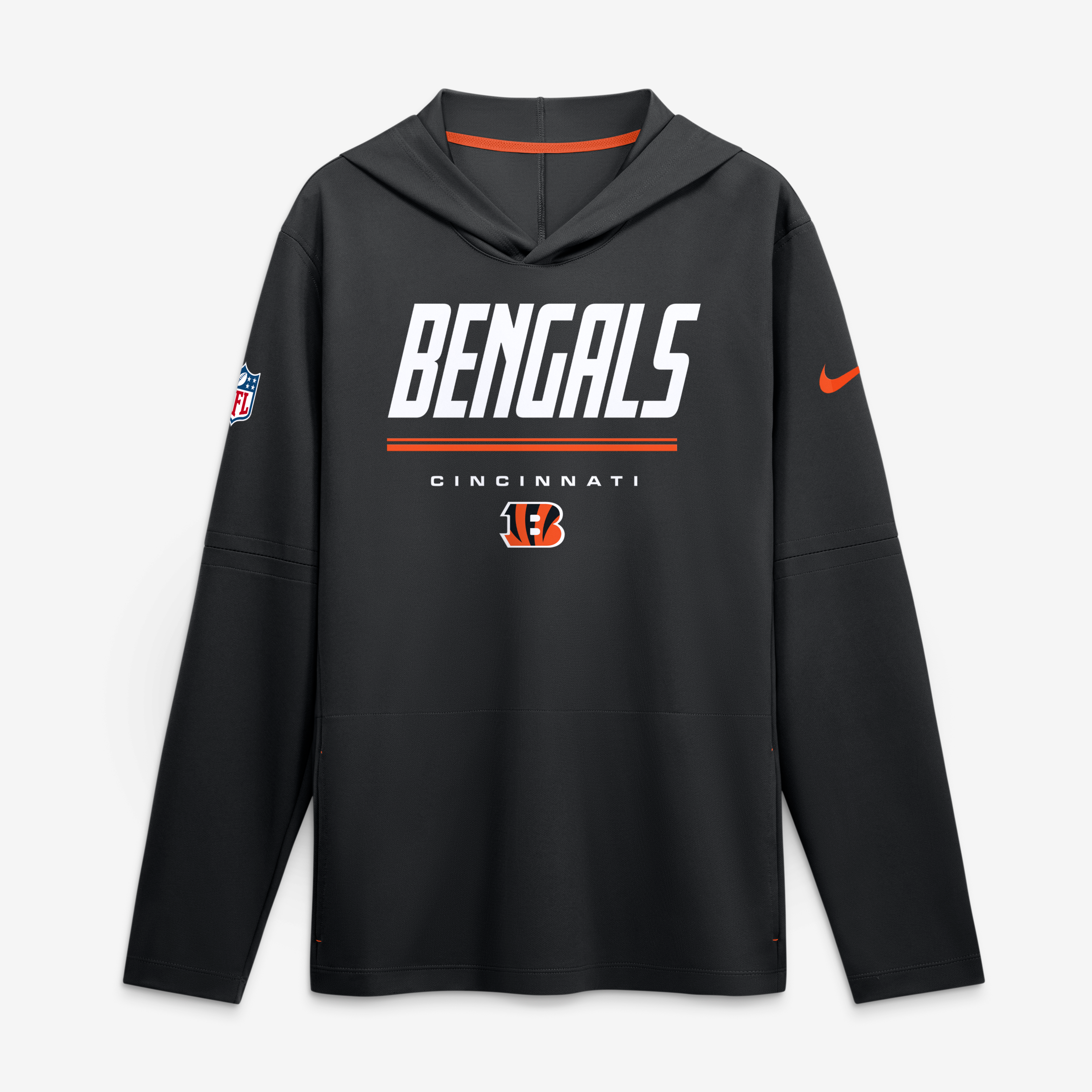 Men’s Nike Black Cincinnati Bengals Sideline Game On Lightweight Long Sleeve Hooded Dri-FIT Top Men’s Nike Black Cincinnati Bengals Sideline Game On Lightweight Long Sleeve Hooded Dri-FIT Top